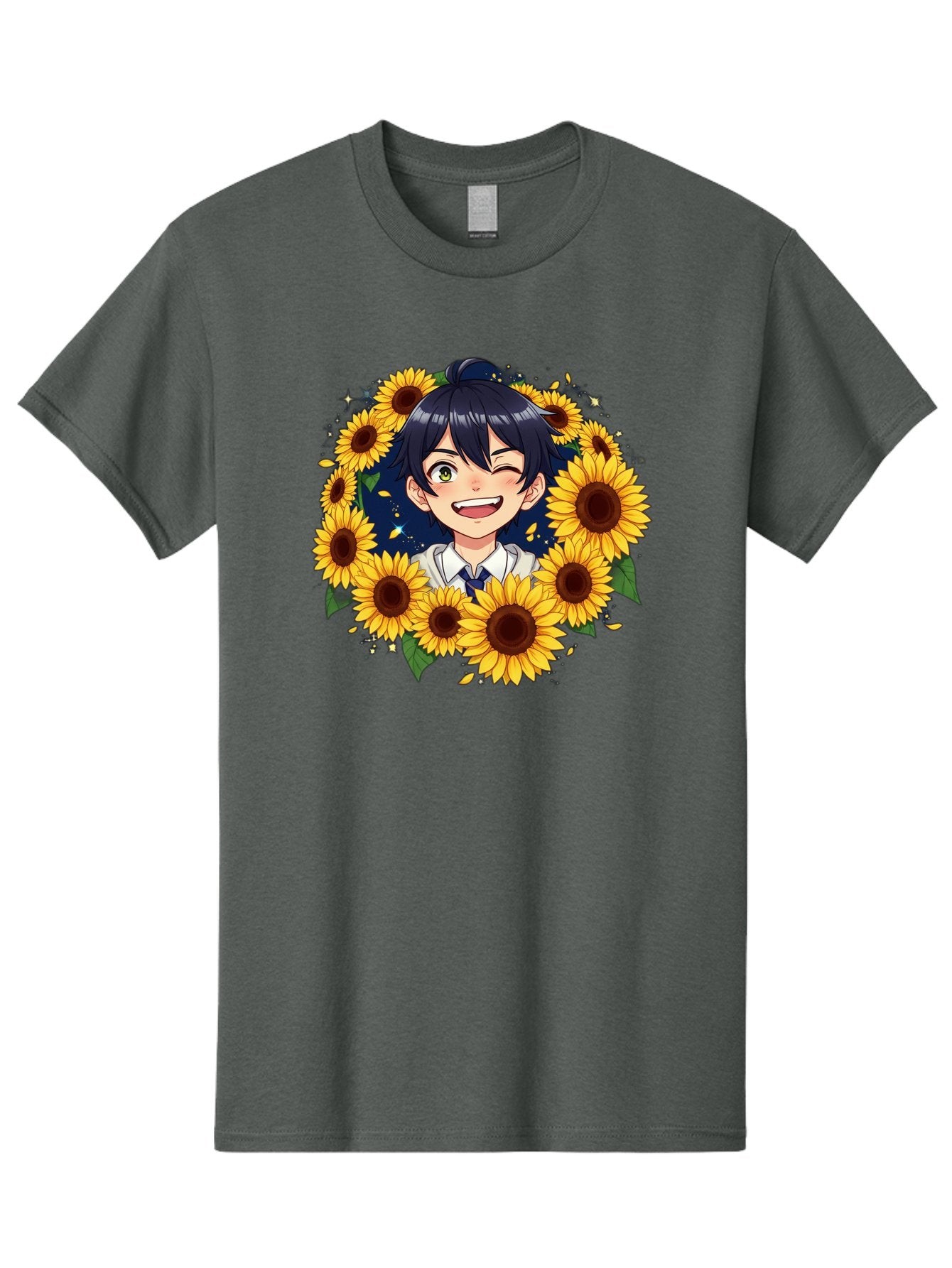 Schoolgirl-Sunflowers Men'S Graphic Tee, 100% Cotton, Comfortable Casual Summer Wear, Machine Washable, Anime Girl, Smiling Face, Sunny Disposition, Yellow Sunflowers, Black Hair, White Shirt, Blue Tie, Vibrant Flowers, Happy Expression, Bac400
