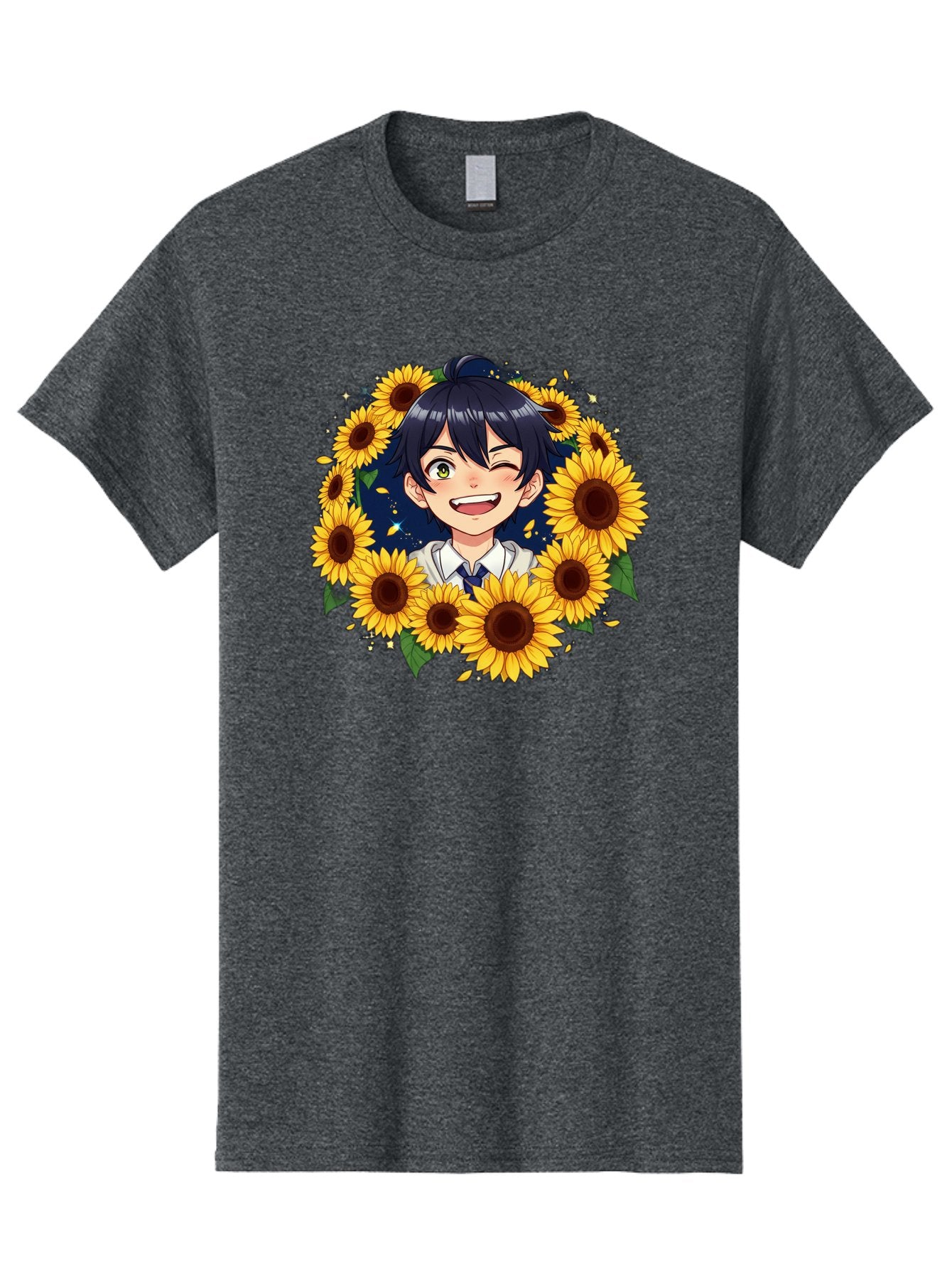 Schoolgirl-Sunflowers Men'S Graphic Tee, 100% Cotton, Comfortable Casual Summer Wear, Machine Washable, Anime Girl, Smiling Face, Sunny Disposition, Yellow Sunflowers, Black Hair, White Shirt, Blue Tie, Vibrant Flowers, Happy Expression, Bac400 5