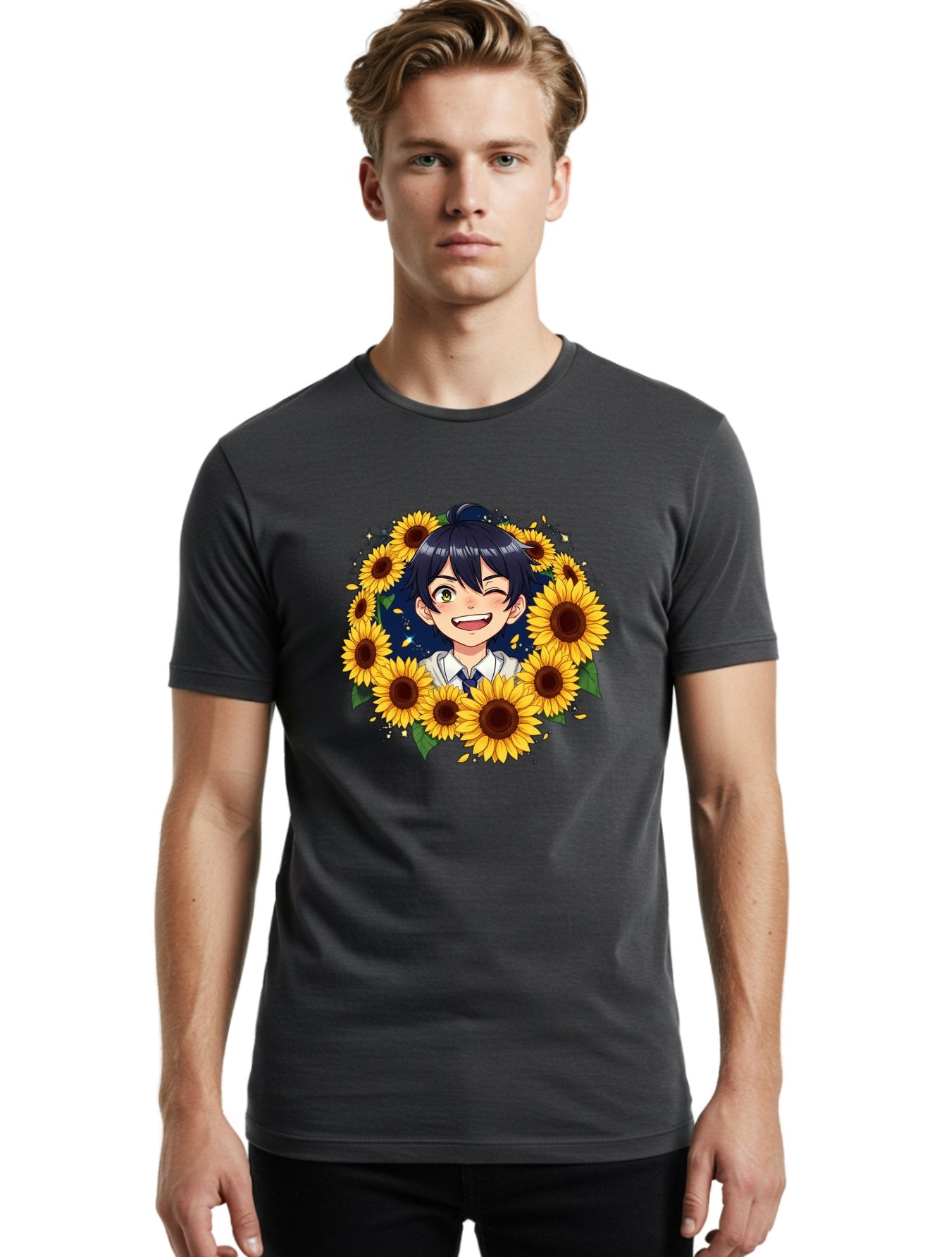 Schoolgirl-Sunflowers Men'S Graphic Tee, 100% Cotton, Comfortable Casual Summer Wear, Machine Washable, Anime Girl, Smiling Face, Sunny Disposition, Yellow Sunflowers, Black Hair, White Shirt, Blue Tie, Vibrant Flowers, Happy Expression, Bac400 23