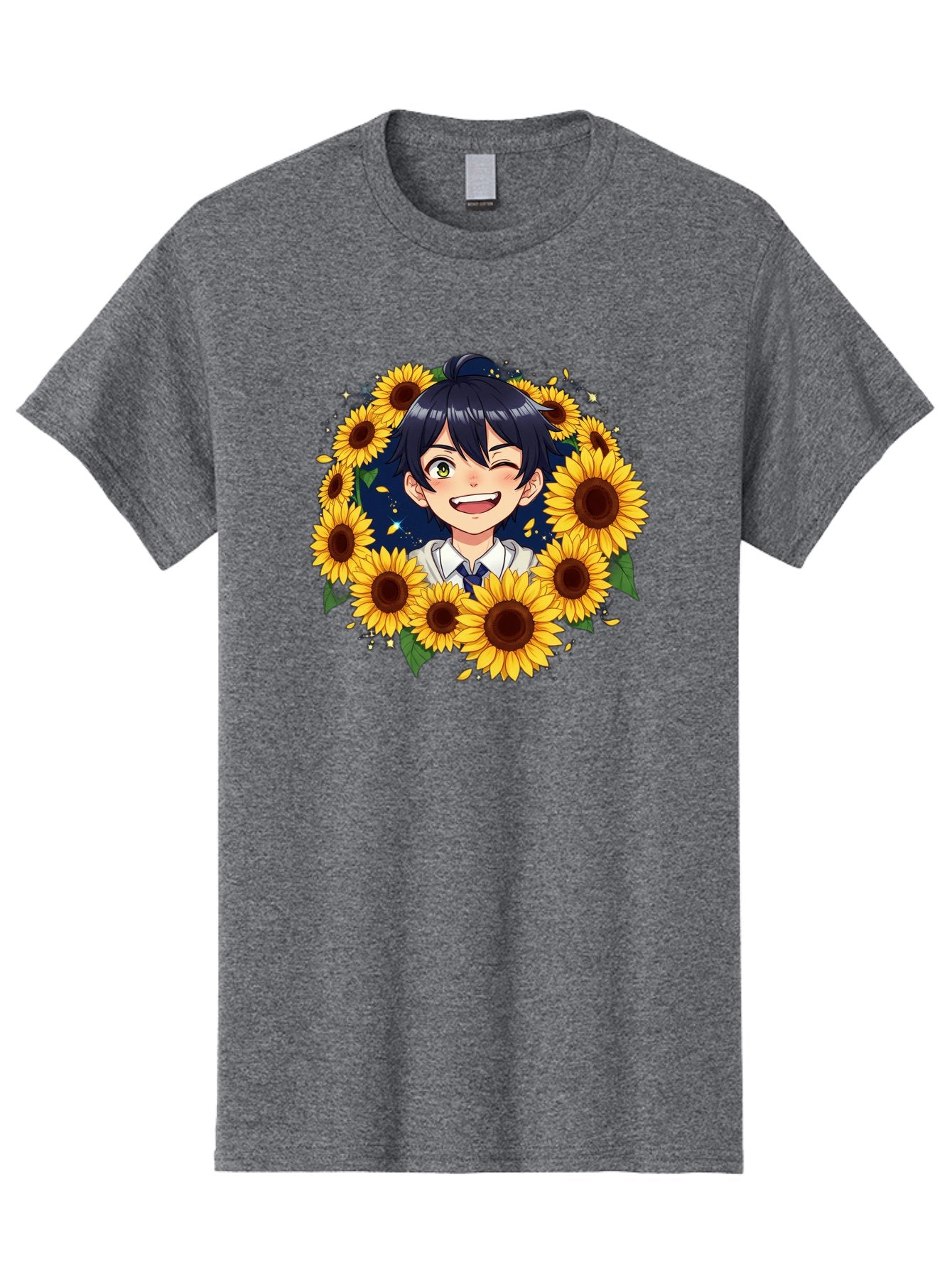 Schoolgirl-Sunflowers Men'S Graphic Tee, 100% Cotton, Comfortable Casual Summer Wear, Machine Washable, Anime Girl, Smiling Face, Sunny Disposition, Yellow Sunflowers, Black Hair, White Shirt, Blue Tie, Vibrant Flowers, Happy Expression, Bac400 13