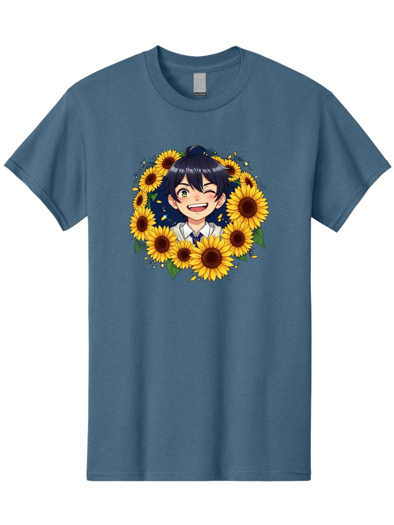 Schoolgirl-Sunflowers Men'S Graphic Tee, 100% Cotton, Comfortable Casual Summer Wear, Machine Washable, Anime Girl, Smiling Face, Sunny Disposition, Yellow Sunflowers, Black Hair, White Shirt, Blue Tie, Vibrant Flowers, Happy Expression, Bac400 12