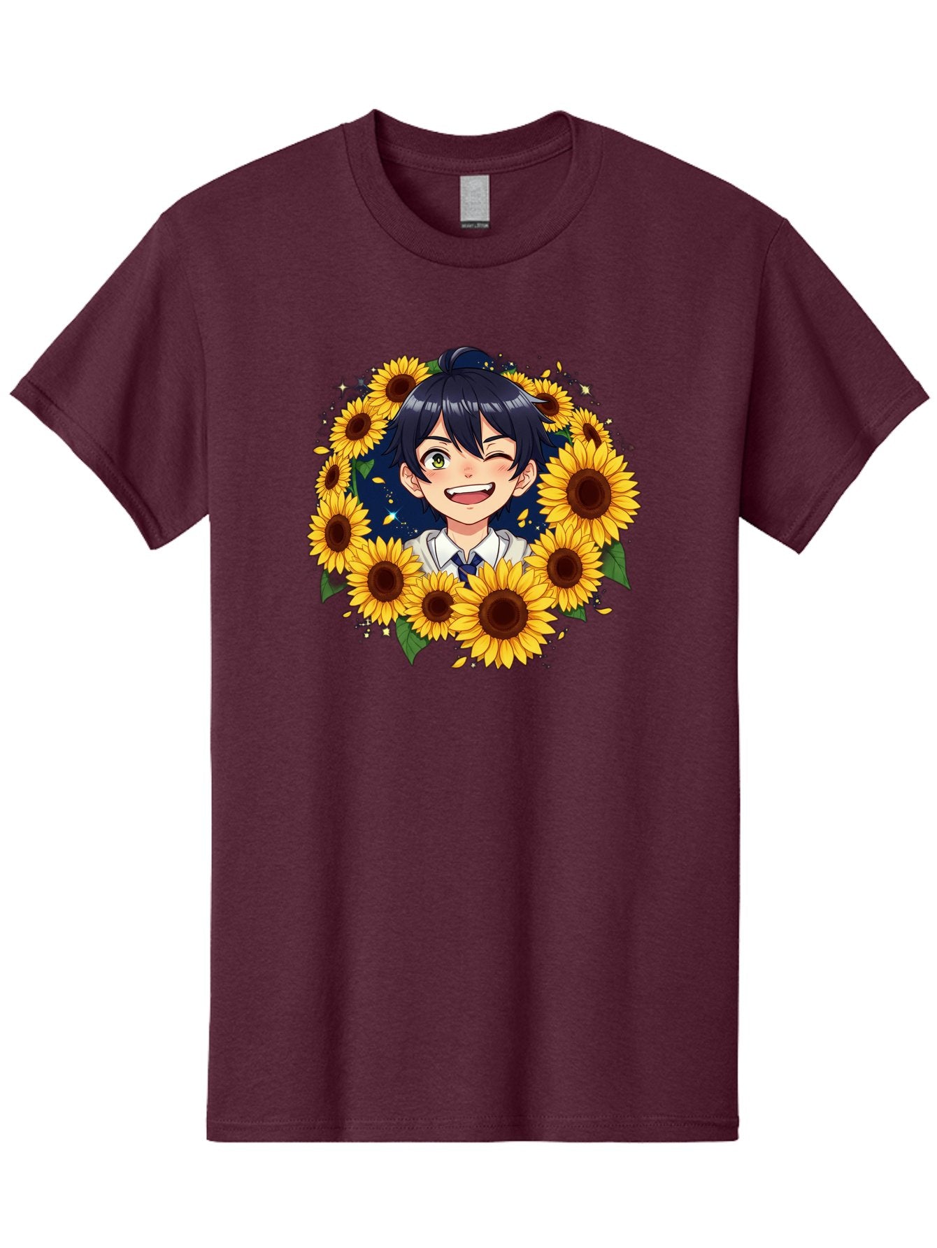 Schoolgirl-Sunflowers Men'S Graphic Tee, 100% Cotton, Comfortable Casual Summer Wear, Machine Washable, Anime Girl, Smiling Face, Sunny Disposition, Yellow Sunflowers, Black Hair, White Shirt, Blue Tie, Vibrant Flowers, Happy Expression, Bac400 15