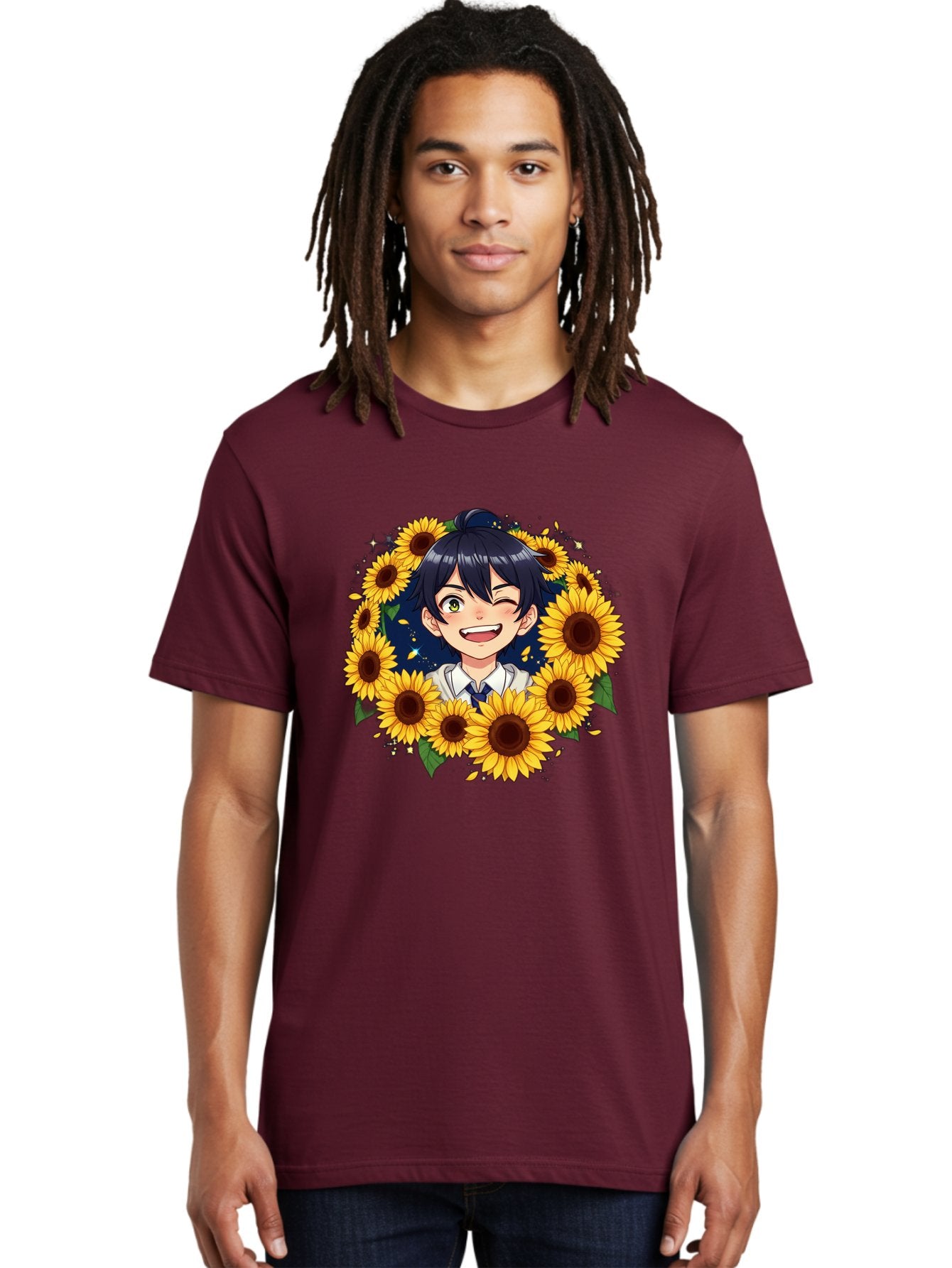 Schoolgirl-Sunflowers Men'S Graphic Tee, 100% Cotton, Comfortable Casual Summer Wear, Machine Washable, Anime Girl, Smiling Face, Sunny Disposition, Yellow Sunflowers, Black Hair, White Shirt, Blue Tie, Vibrant Flowers, Happy Expression, Bac400 30