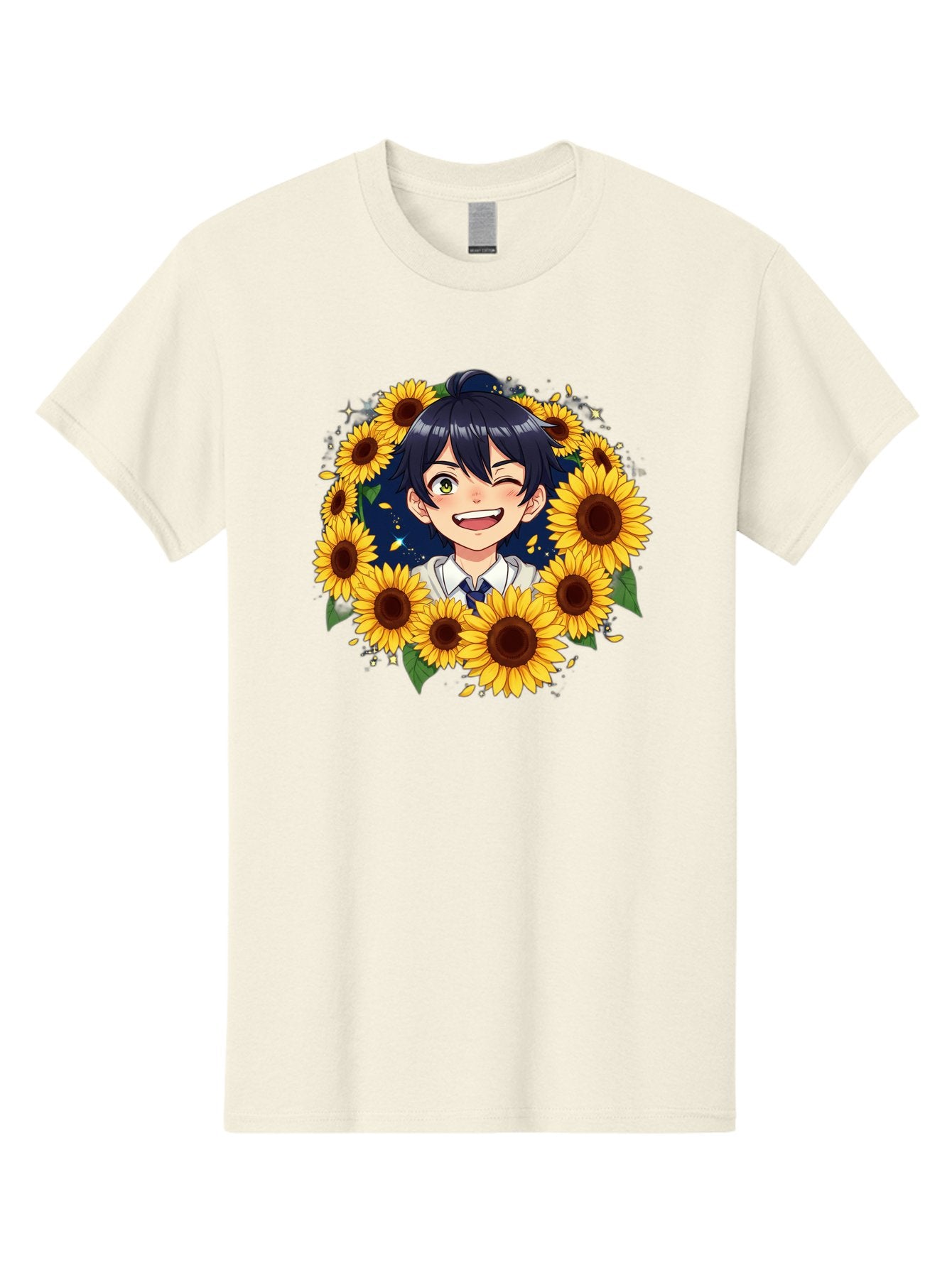 Schoolgirl-Sunflowers Men'S Graphic Tee, 100% Cotton, Comfortable Casual Summer Wear, Machine Washable, Anime Girl, Smiling Face, Sunny Disposition, Yellow Sunflowers, Black Hair, White Shirt, Blue Tie, Vibrant Flowers, Happy Expression, Bac400 11