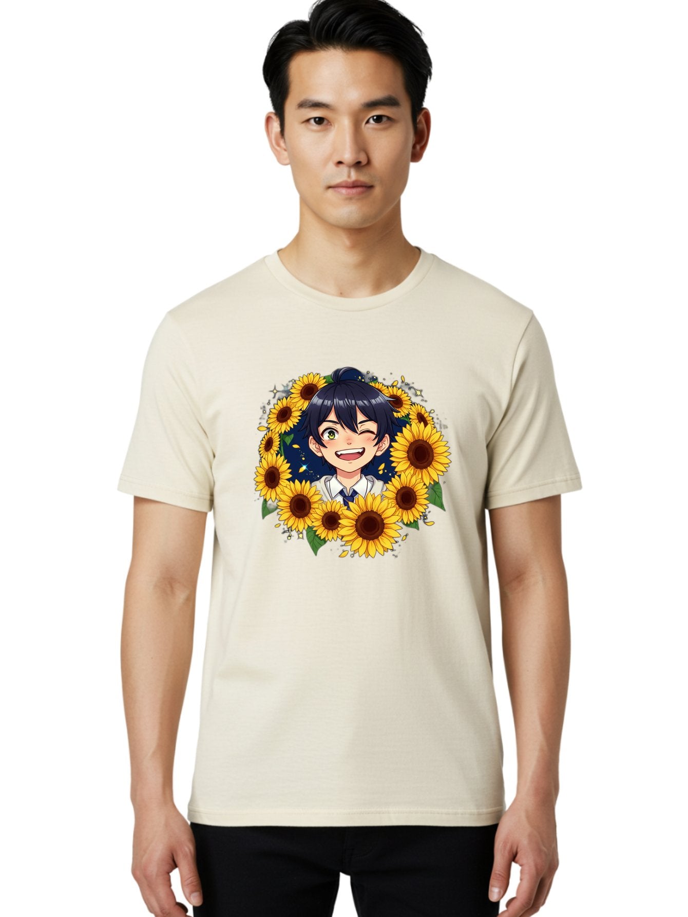 Schoolgirl-Sunflowers Men'S Graphic Tee, 100% Cotton, Comfortable Casual Summer Wear, Machine Washable, Anime Girl, Smiling Face, Sunny Disposition, Yellow Sunflowers, Black Hair, White Shirt, Blue Tie, Vibrant Flowers, Happy Expression, Bac400 27