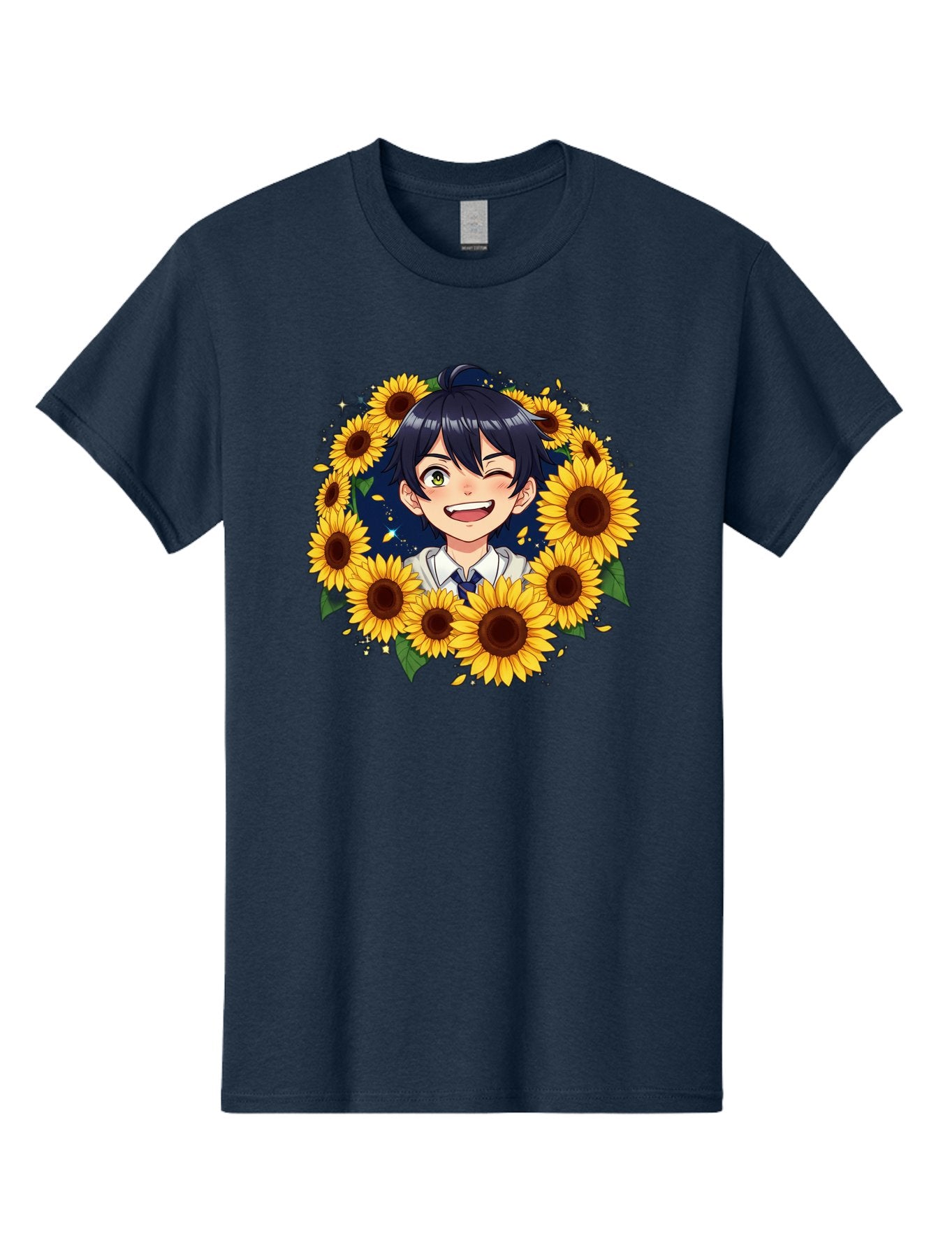 Schoolgirl-Sunflowers Men'S Graphic Tee, 100% Cotton, Comfortable Casual Summer Wear, Machine Washable, Anime Girl, Smiling Face, Sunny Disposition, Yellow Sunflowers, Black Hair, White Shirt, Blue Tie, Vibrant Flowers, Happy Expression, Bac400 7