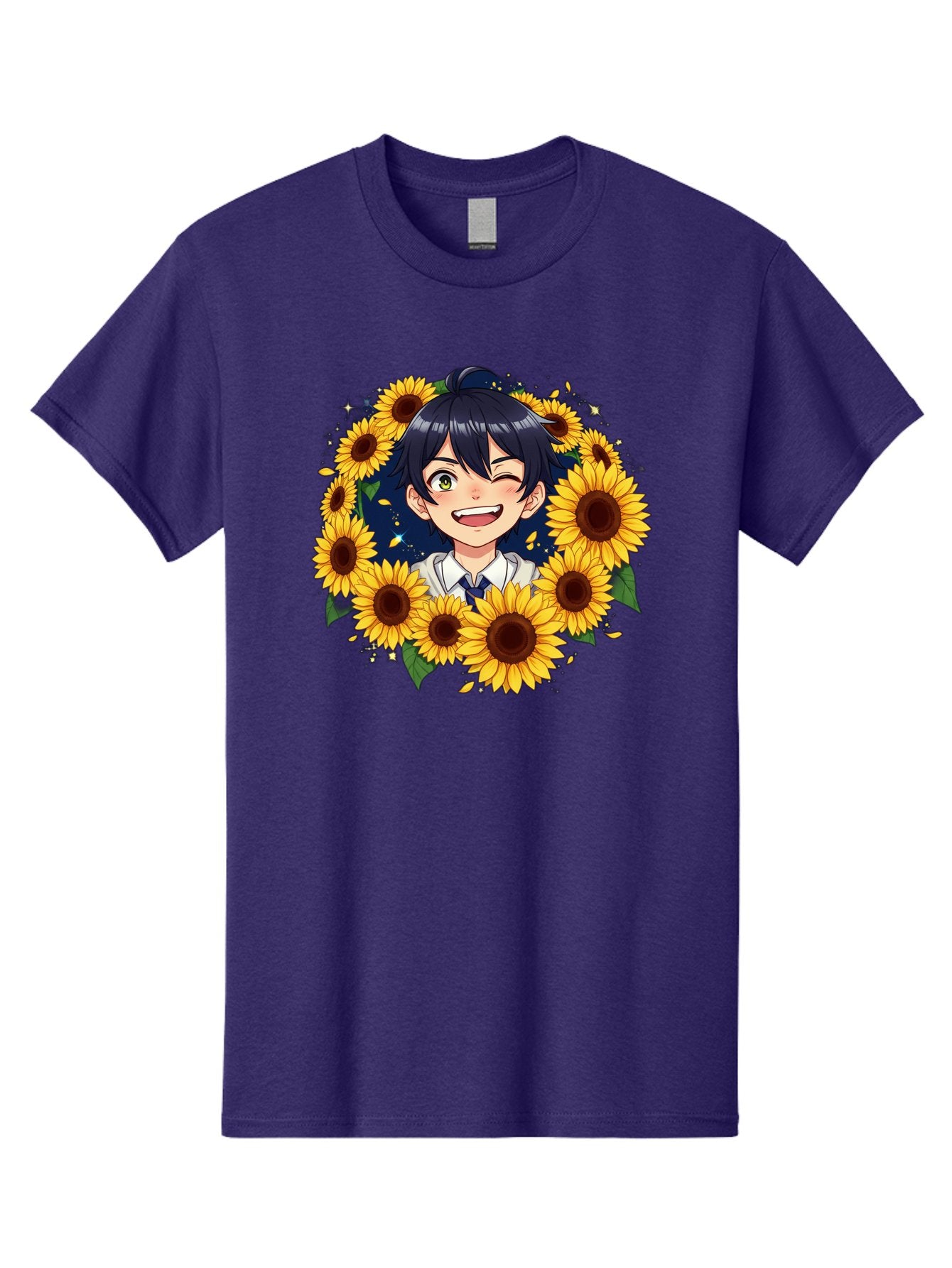 Schoolgirl-Sunflowers Men'S Graphic Tee, 100% Cotton, Comfortable Casual Summer Wear, Machine Washable, Anime Girl, Smiling Face, Sunny Disposition, Yellow Sunflowers, Black Hair, White Shirt, Blue Tie, Vibrant Flowers, Happy Expression, Bac400 3
