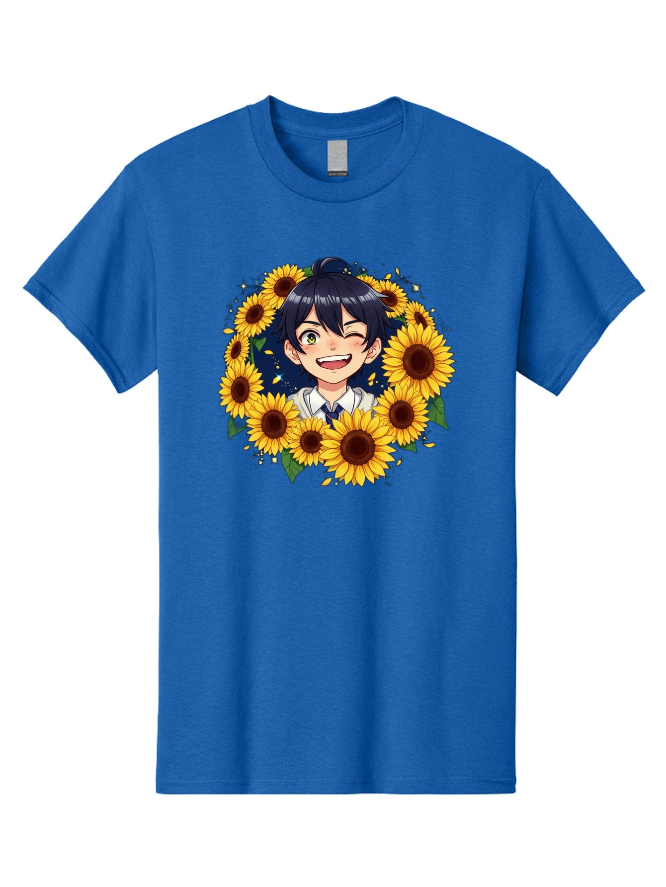Schoolgirl-Sunflowers Men'S Graphic Tee, 100% Cotton, Comfortable Casual Summer Wear, Machine Washable, Anime Girl, Smiling Face, Sunny Disposition, Yellow Sunflowers, Black Hair, White Shirt, Blue Tie, Vibrant Flowers, Happy Expression, Bac400 10