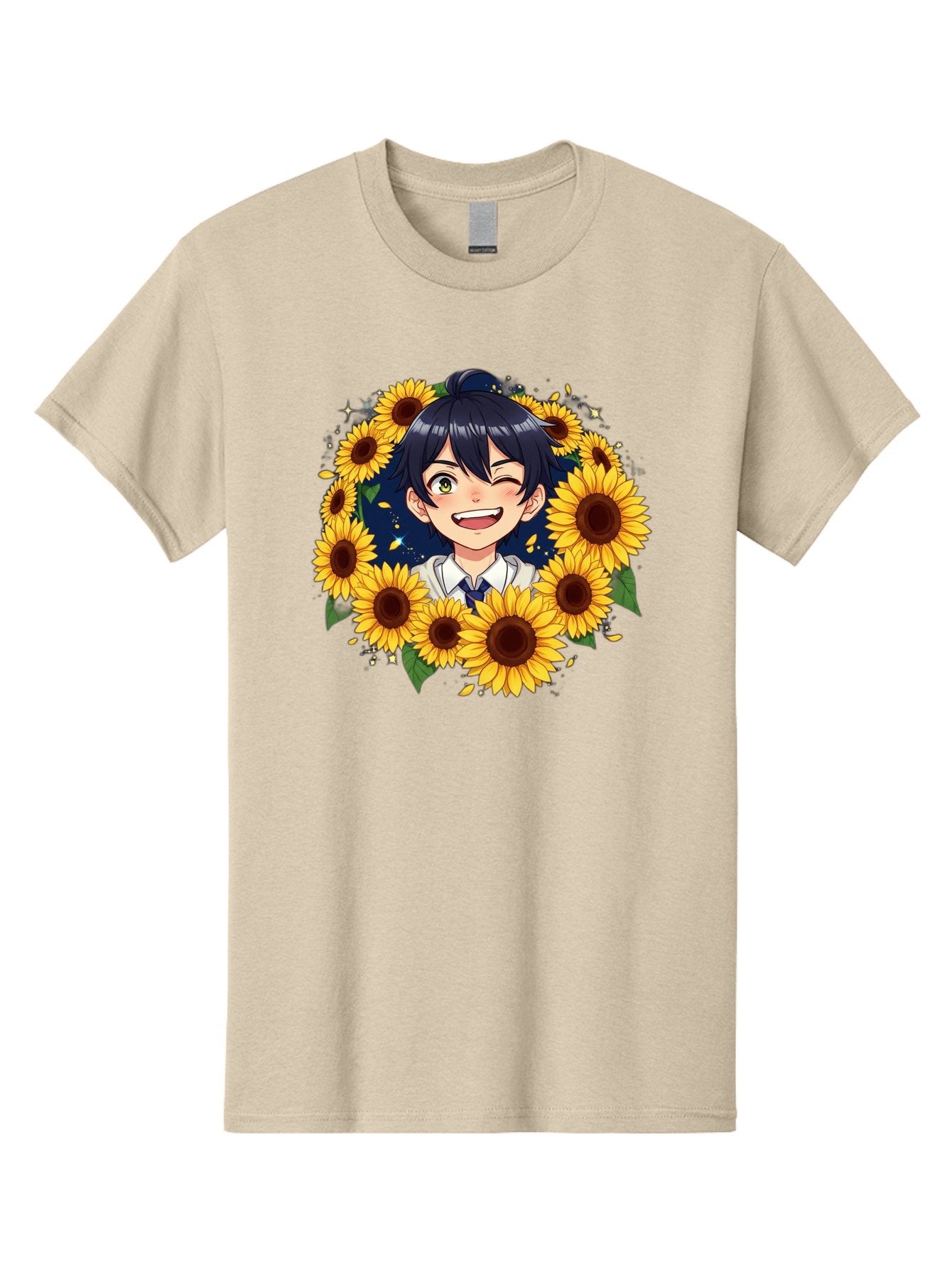 Schoolgirl-Sunflowers Men'S Graphic Tee, 100% Cotton, Comfortable Casual Summer Wear, Machine Washable, Anime Girl, Smiling Face, Sunny Disposition, Yellow Sunflowers, Black Hair, White Shirt, Blue Tie, Vibrant Flowers, Happy Expression, Bac400 9
