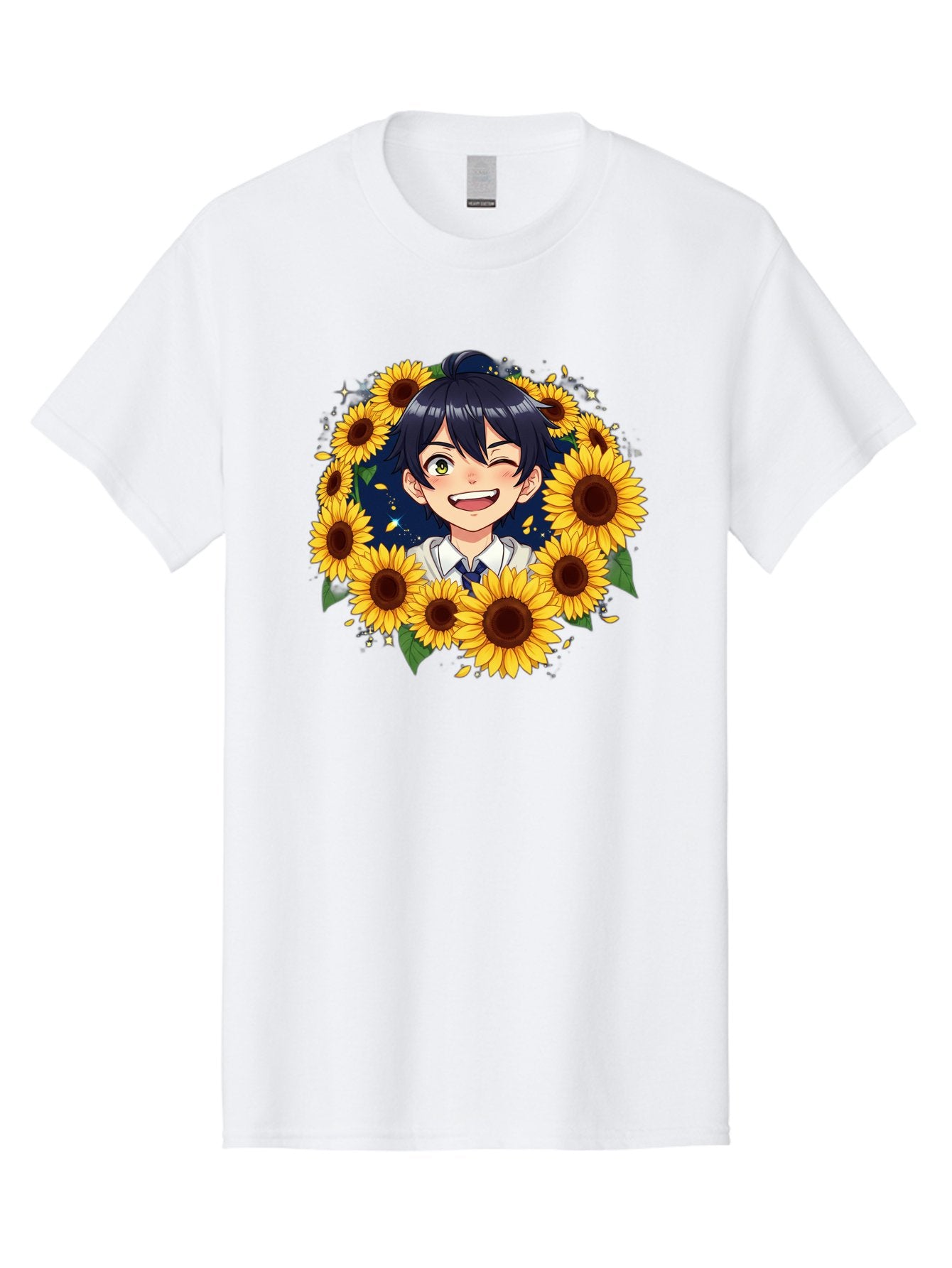 Schoolgirl-Sunflowers Men'S Graphic Tee, 100% Cotton, Comfortable Casual Summer Wear, Machine Washable, Anime Girl, Smiling Face, Sunny Disposition, Yellow Sunflowers, Black Hair, White Shirt, Blue Tie, Vibrant Flowers, Happy Expression, Bac400
