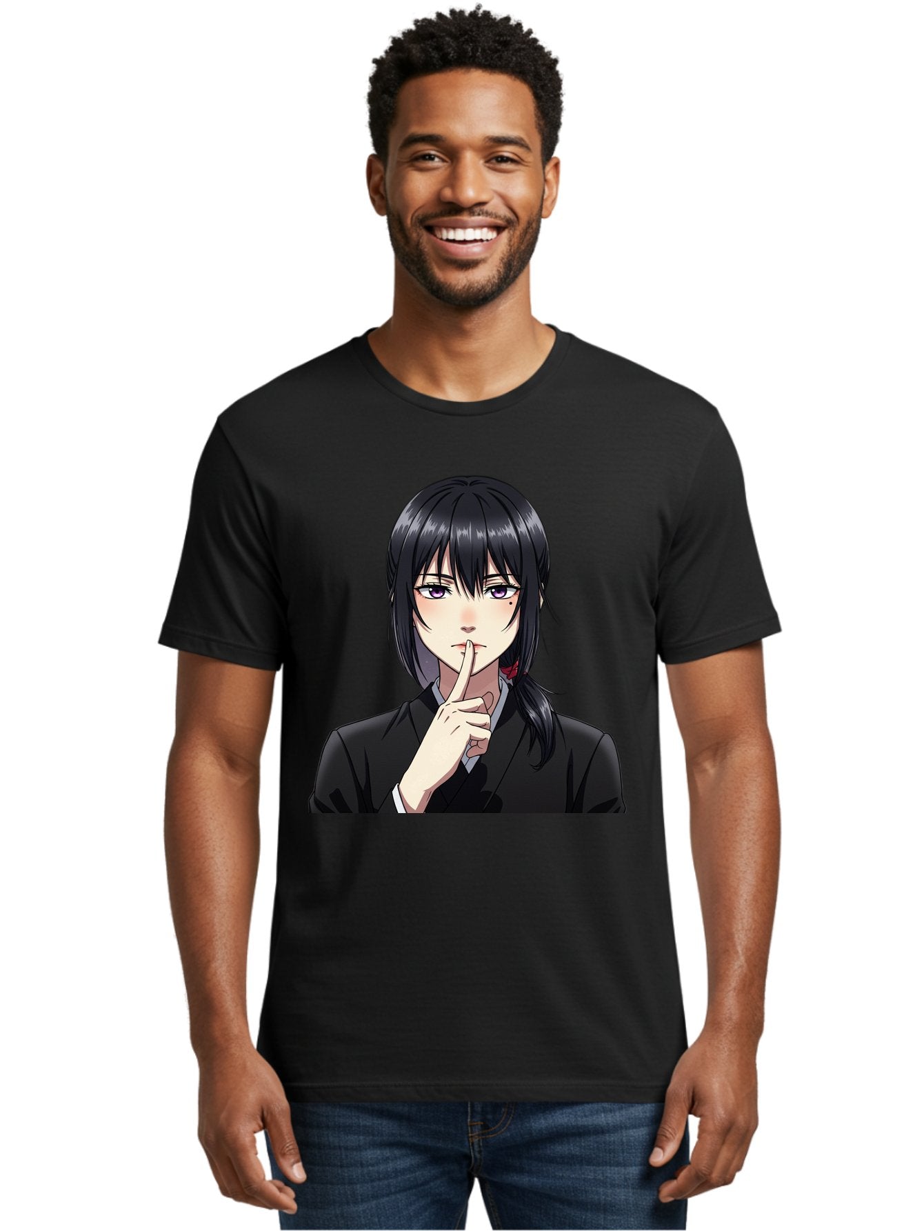 Shh-Girl Men'S Graphic Tee, 100% Cotton, Comfortable Casual Summer Wear, Machine Washable, Anime Girl, Shh Gesture, Finger To Lips, Silence Indicator, Black Hair, Business Attire, Corporate Style, Secret Keeper, Quiet Sign, Manga Character Bac401 23
