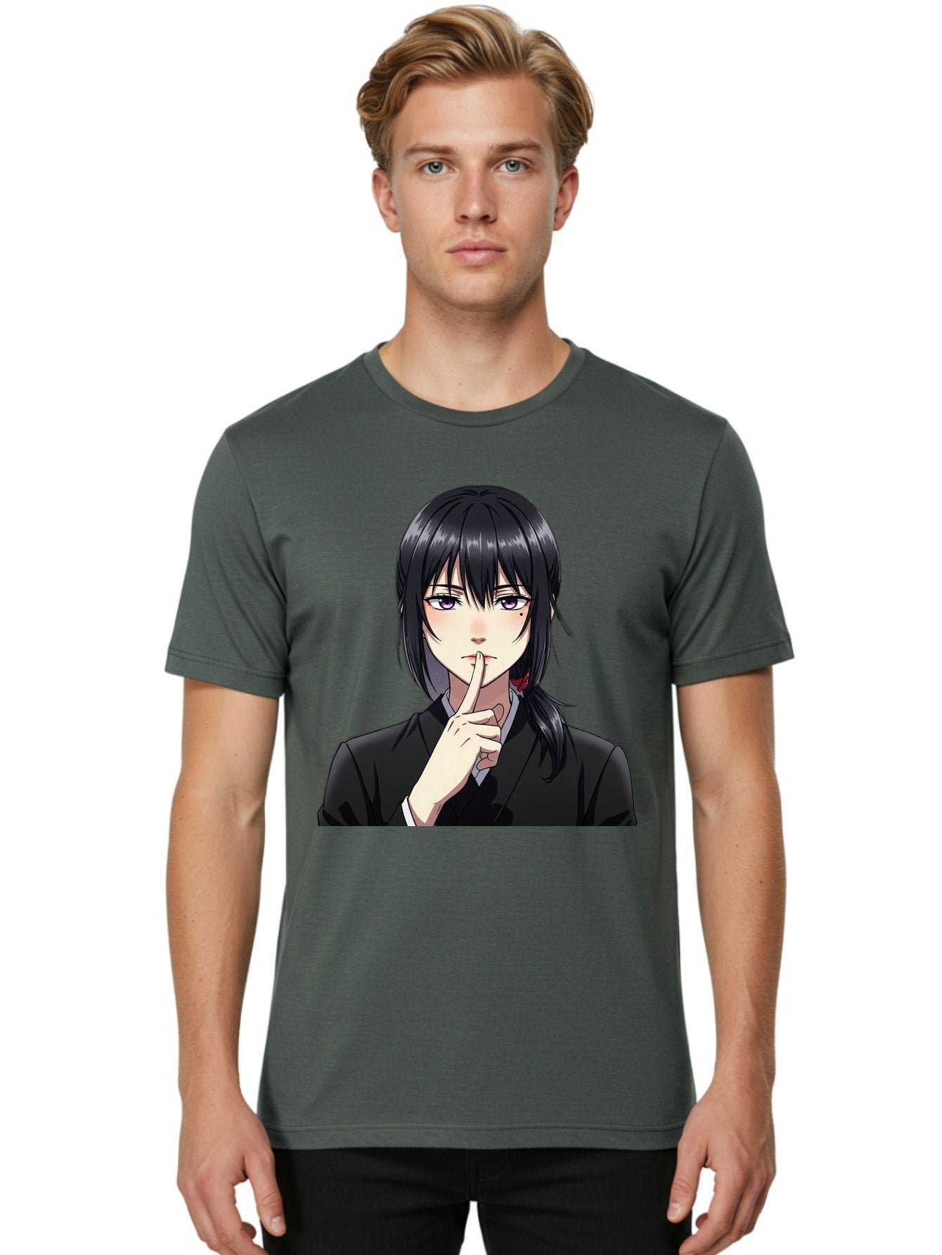 Shh-Girl Men'S Graphic Tee, 100% Cotton, Comfortable Casual Summer Wear, Machine Washable, Anime Girl, Shh Gesture, Finger To Lips, Silence Indicator, Black Hair, Business Attire, Corporate Style, Secret Keeper, Quiet Sign, Manga Character Bac401 20