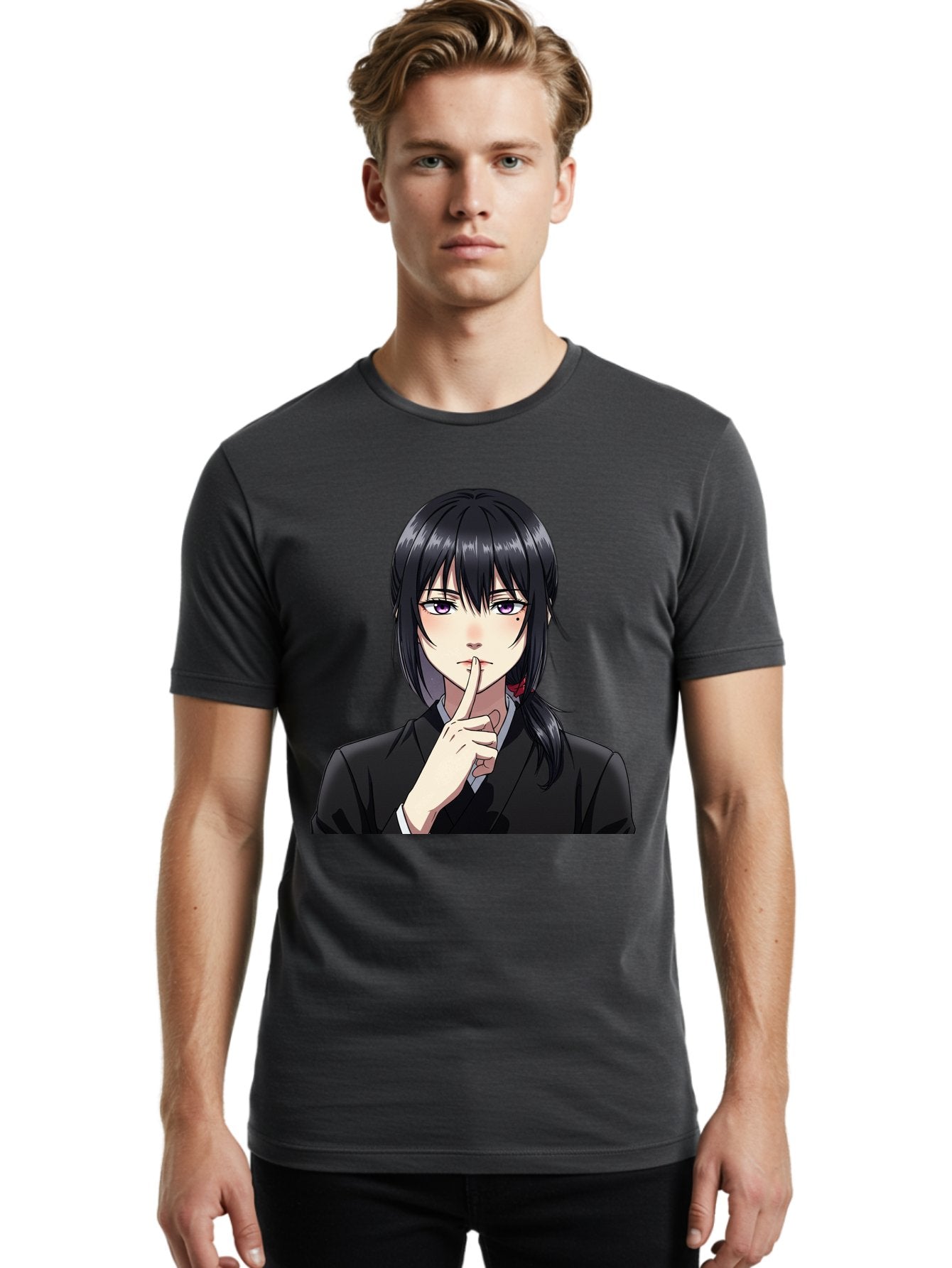 Shh-Girl Men'S Graphic Tee, 100% Cotton, Comfortable Casual Summer Wear, Machine Washable, Anime Girl, Shh Gesture, Finger To Lips, Silence Indicator, Black Hair, Business Attire, Corporate Style, Secret Keeper, Quiet Sign, Manga Character Bac401 25