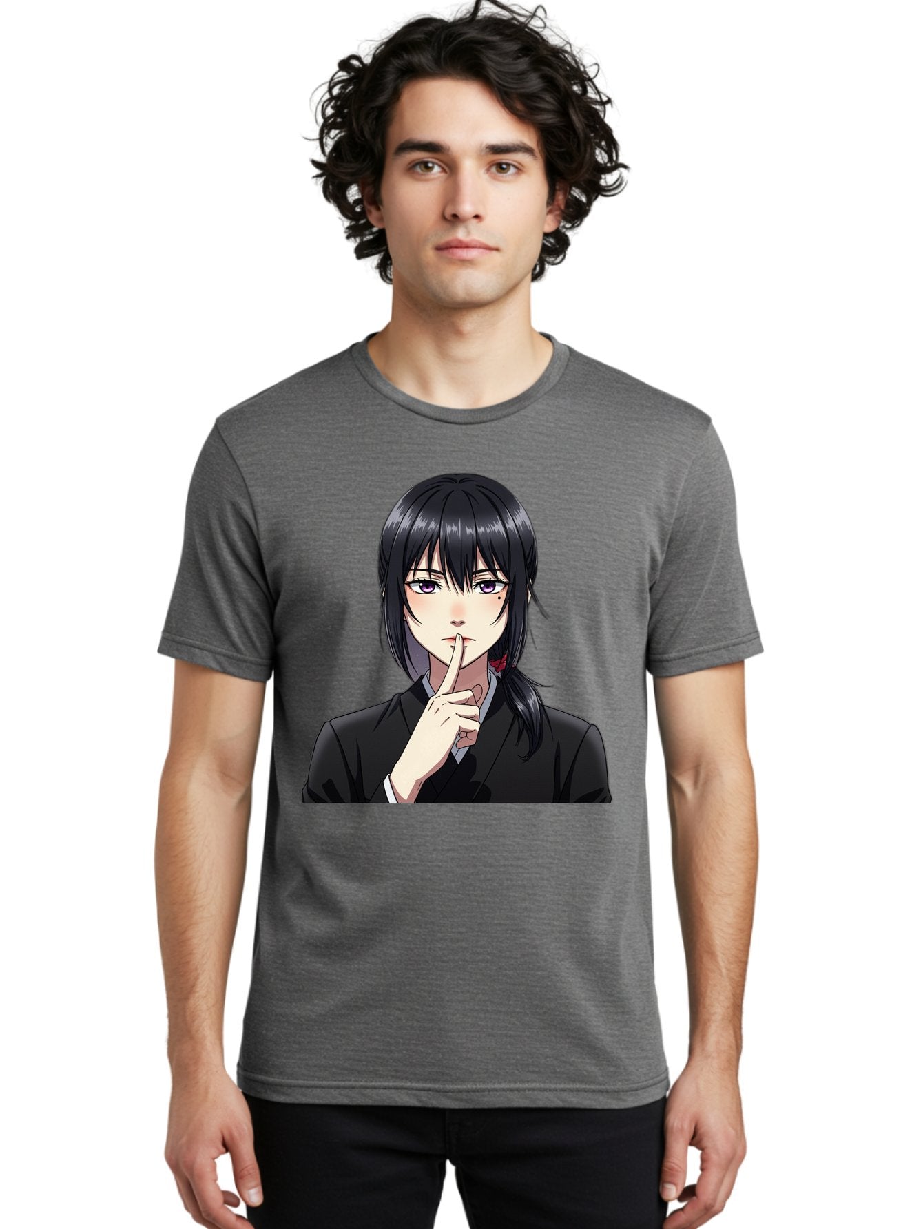 Shh-Girl Men'S Graphic Tee, 100% Cotton, Comfortable Casual Summer Wear, Machine Washable, Anime Girl, Shh Gesture, Finger To Lips, Silence Indicator, Black Hair, Business Attire, Corporate Style, Secret Keeper, Quiet Sign, Manga Character Bac401 26