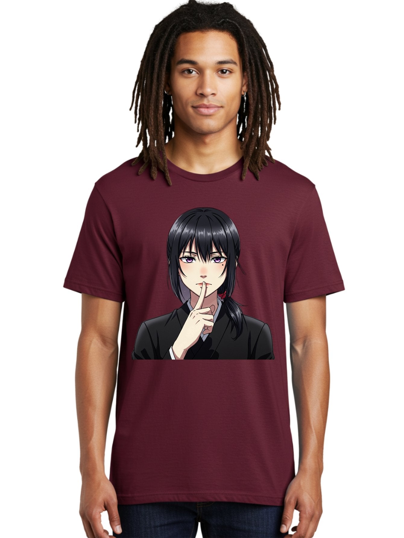 Shh-Girl Men'S Graphic Tee, 100% Cotton, Comfortable Casual Summer Wear, Machine Washable, Anime Girl, Shh Gesture, Finger To Lips, Silence Indicator, Black Hair, Business Attire, Corporate Style, Secret Keeper, Quiet Sign, Manga Character Bac401 22