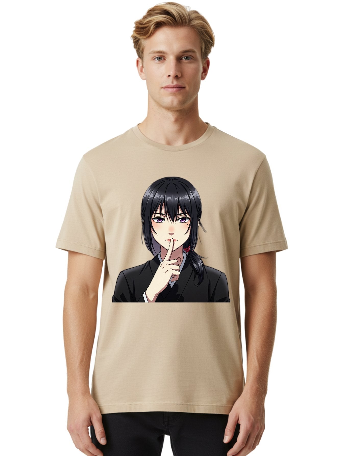 Shh-Girl Men'S Graphic Tee, 100% Cotton, Comfortable Casual Summer Wear, Machine Washable, Anime Girl, Shh Gesture, Finger To Lips, Silence Indicator, Black Hair, Business Attire, Corporate Style, Secret Keeper, Quiet Sign, Manga Character Bac401 27