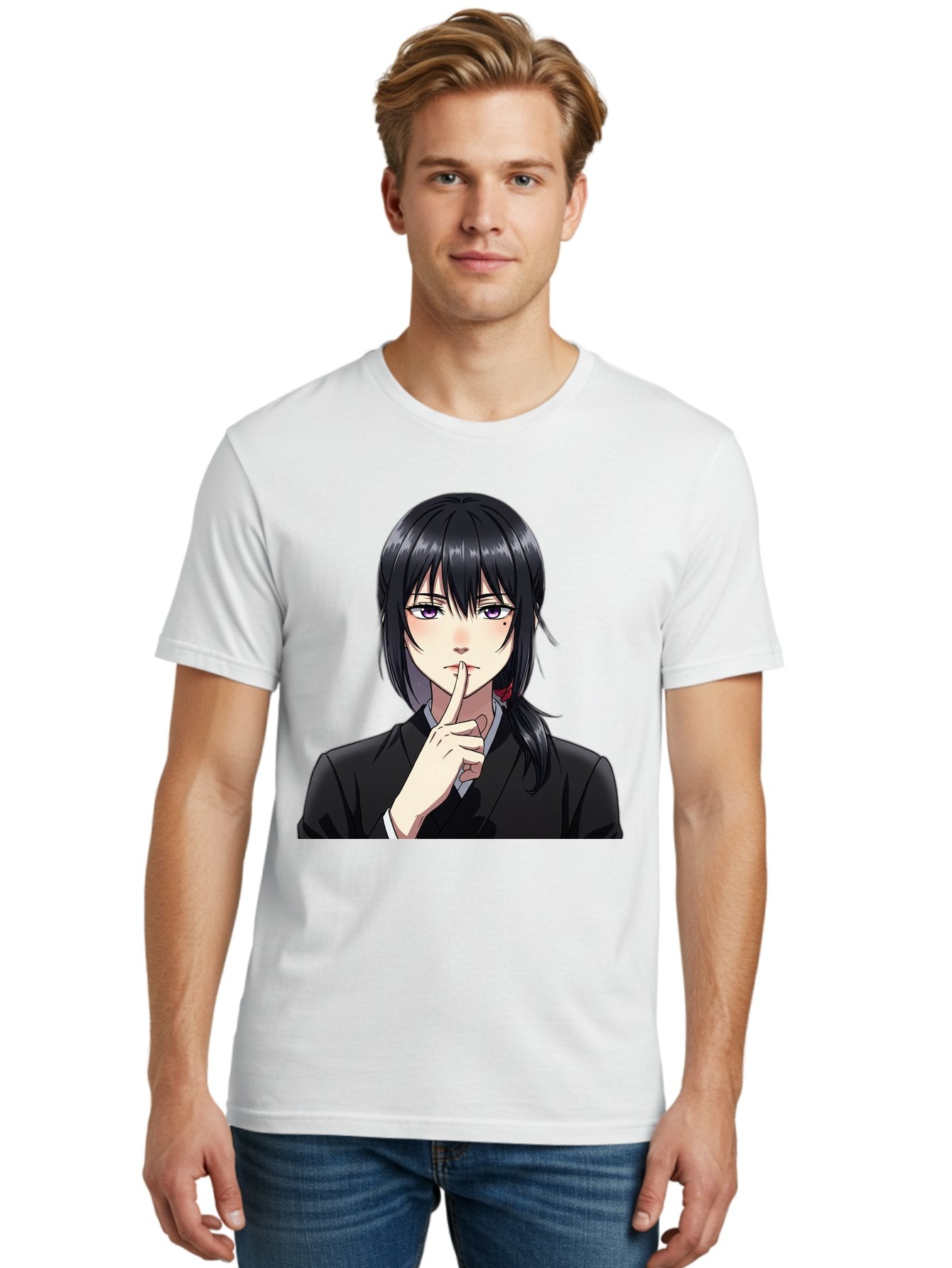 Shh-Girl Men'S Graphic Tee, 100% Cotton, Comfortable Casual Summer Wear, Machine Washable, Anime Girl, Shh Gesture, Finger To Lips, Silence Indicator, Black Hair, Business Attire, Corporate Style, Secret Keeper, Quiet Sign, Manga Character Bac401 17