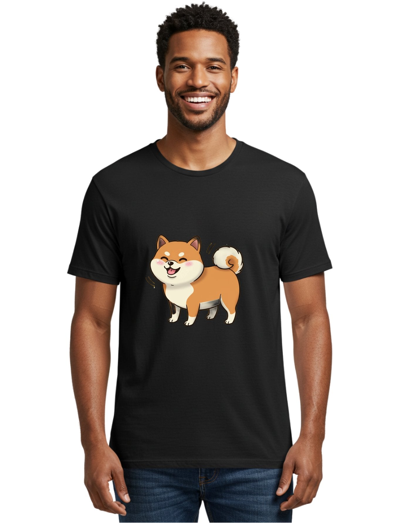 Shiba-Inu Men'S Graphic Tee, 100% Cotton, Comfortable Casual Summer Wear, Machine Washable, Shiba Inu, Cartoon Dog, Happy Dog, Playful Canine, Dog Animation, Adorable Pet, Kawaii Animal, Dog Illustration, Cute Puppy Bac402 30