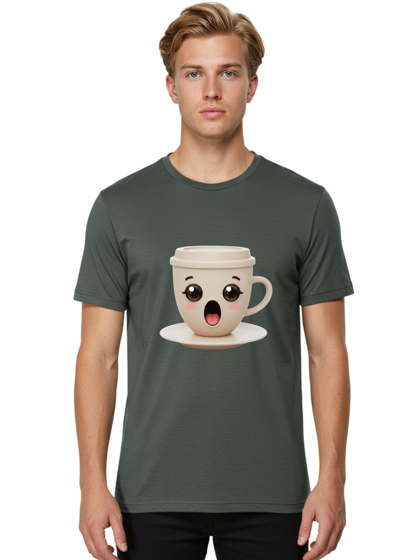 Shocked-Coffee-Cup Men'S Graphic Tee, 100% Cotton, Comfortable Casual Summer Wear, Machine Washable, Fun Coffee Cup, Surprised Expression, Coffee Break, Morning Pick-Me-Up, Kawaii Culture, Cute Face, Coffee Time, Coffee Lover Bac404 17