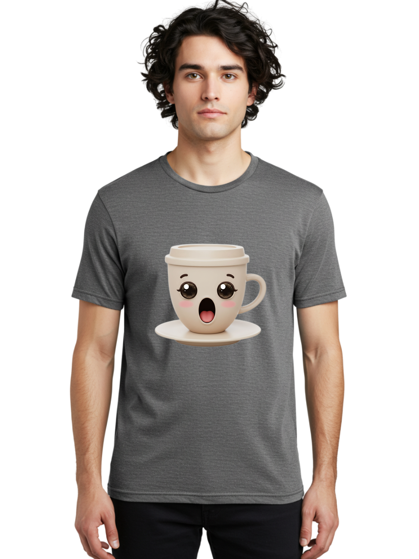 Shocked-Coffee-Cup Men'S Graphic Tee, 100% Cotton, Comfortable Casual Summer Wear, Machine Washable, Fun Coffee Cup, Surprised Expression, Coffee Break, Morning Pick-Me-Up, Kawaii Culture, Cute Face, Coffee Time, Coffee Lover Bac404 22