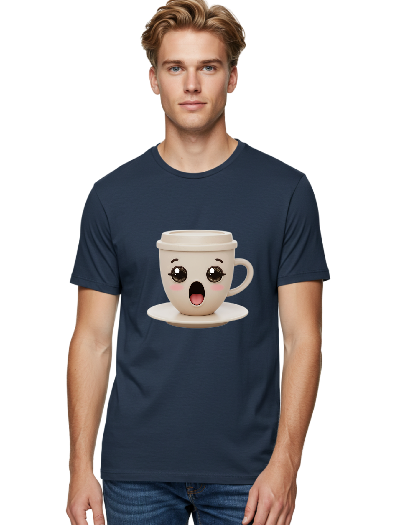Shocked-Coffee-Cup Men'S Graphic Tee, 100% Cotton, Comfortable Casual Summer Wear, Machine Washable, Fun Coffee Cup, Surprised Expression, Coffee Break, Morning Pick-Me-Up, Kawaii Culture, Cute Face, Coffee Time, Coffee Lover Bac404 25