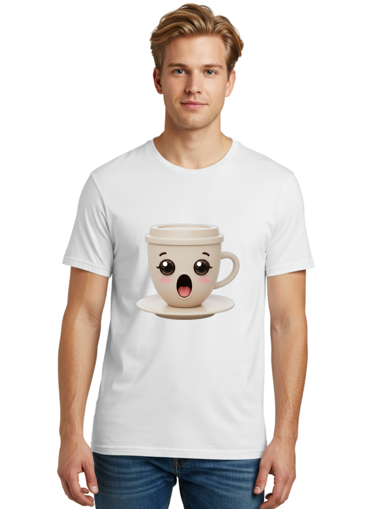 Shocked-Coffee-Cup Men'S Graphic Tee, 100% Cotton, Comfortable Casual Summer Wear, Machine Washable, Fun Coffee Cup, Surprised Expression, Coffee Break, Morning Pick-Me-Up, Kawaii Culture, Cute Face, Coffee Time, Coffee Lover Bac404 17