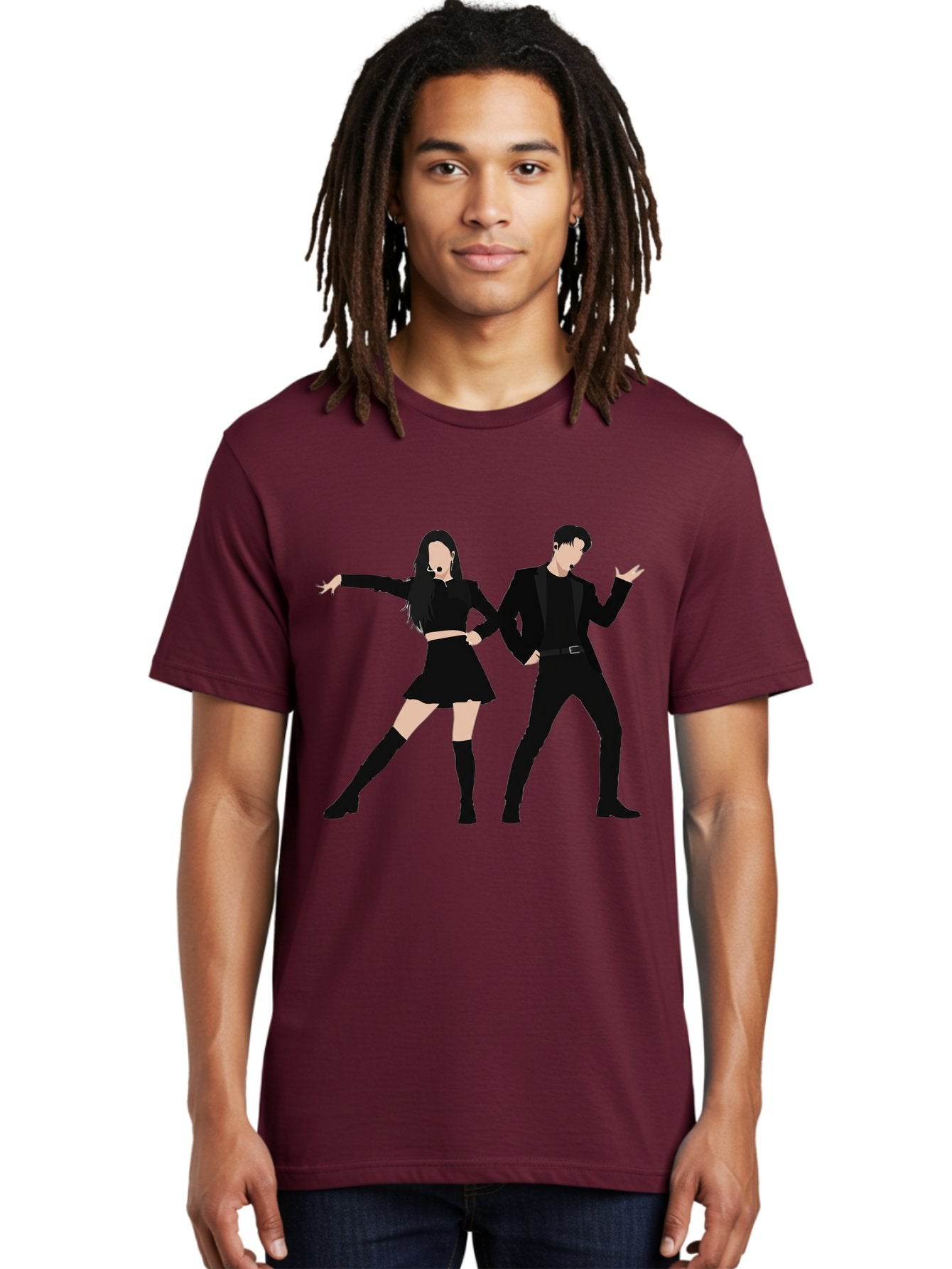 Singing-Duo Men'S Graphic Tee, 100% Cotton, Comfortable Casual Summer Wear, Machine Washable, Dancing Couple, Dynamic Pose, Black Outfit, Microphone Headsets, Lively Dance Moves, Stage Performance, Energetic Duo, Modern Dance Style, Bac405 29