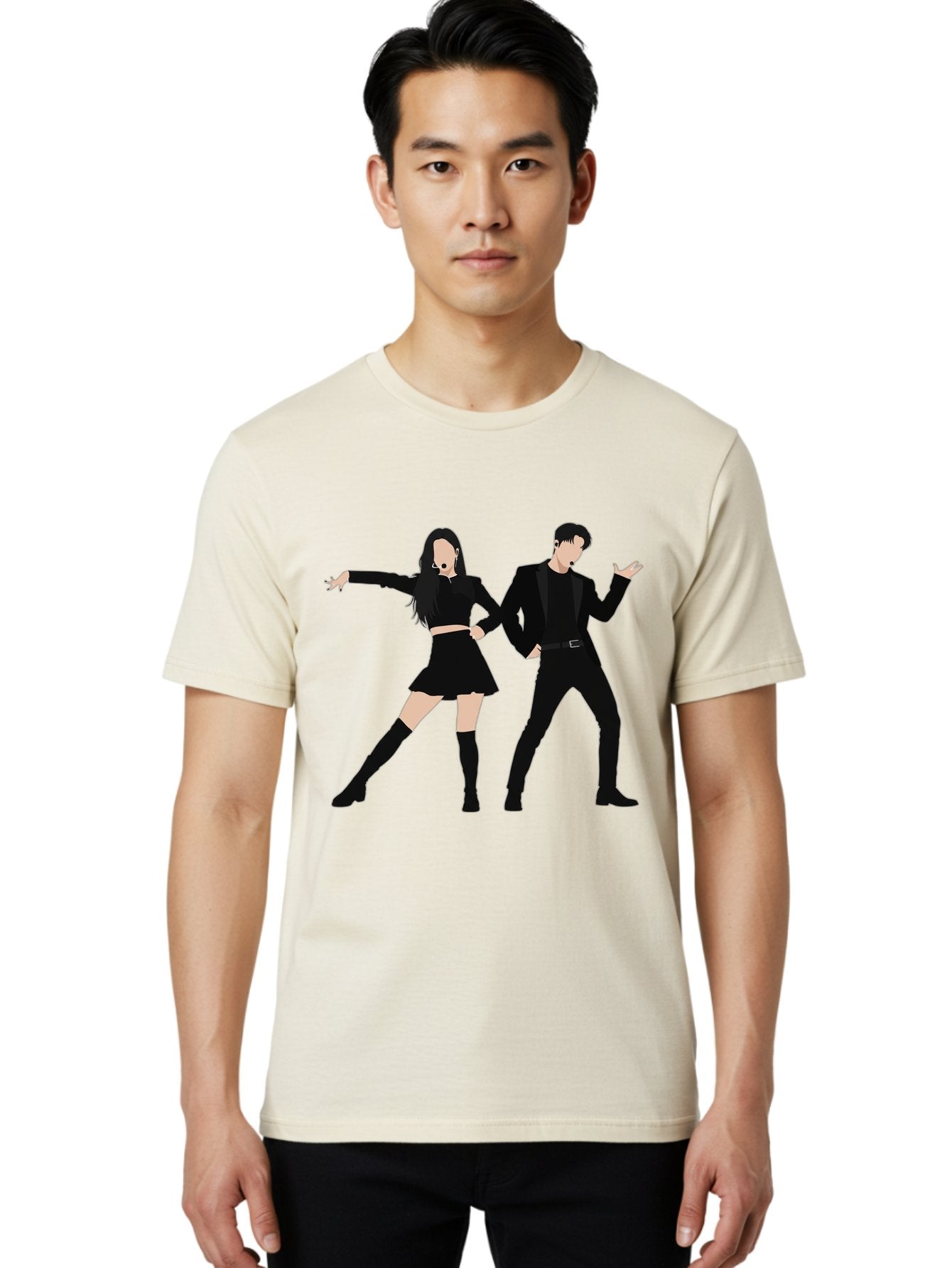 Singing-Duo Men'S Graphic Tee, 100% Cotton, Comfortable Casual Summer Wear, Machine Washable, Dancing Couple, Dynamic Pose, Black Outfit, Microphone Headsets, Lively Dance Moves, Stage Performance, Energetic Duo, Modern Dance Style, Bac405 24