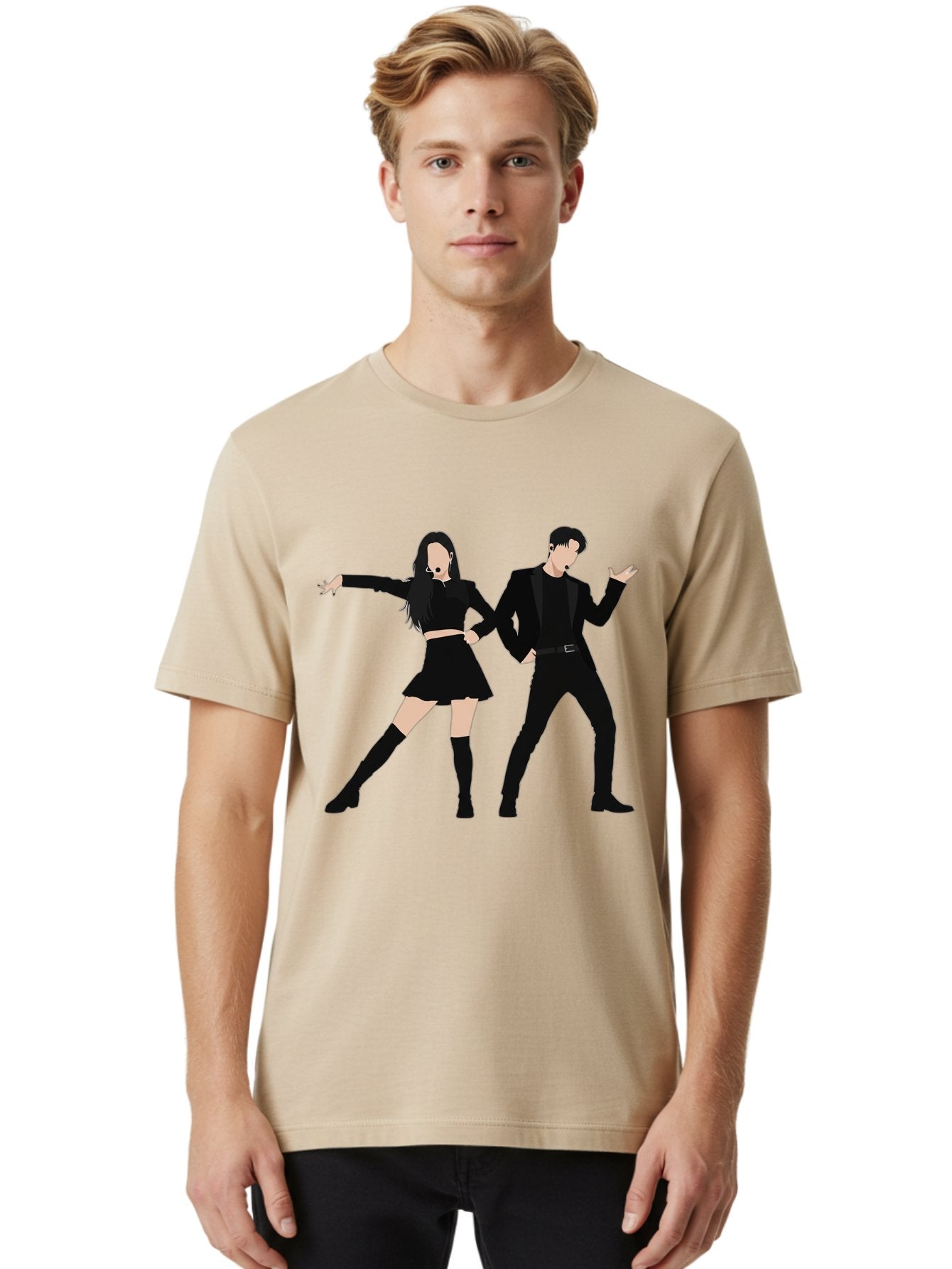 Singing-Duo Men'S Graphic Tee, 100% Cotton, Comfortable Casual Summer Wear, Machine Washable, Dancing Couple, Dynamic Pose, Black Outfit, Microphone Headsets, Lively Dance Moves, Stage Performance, Energetic Duo, Modern Dance Style, Bac405 18