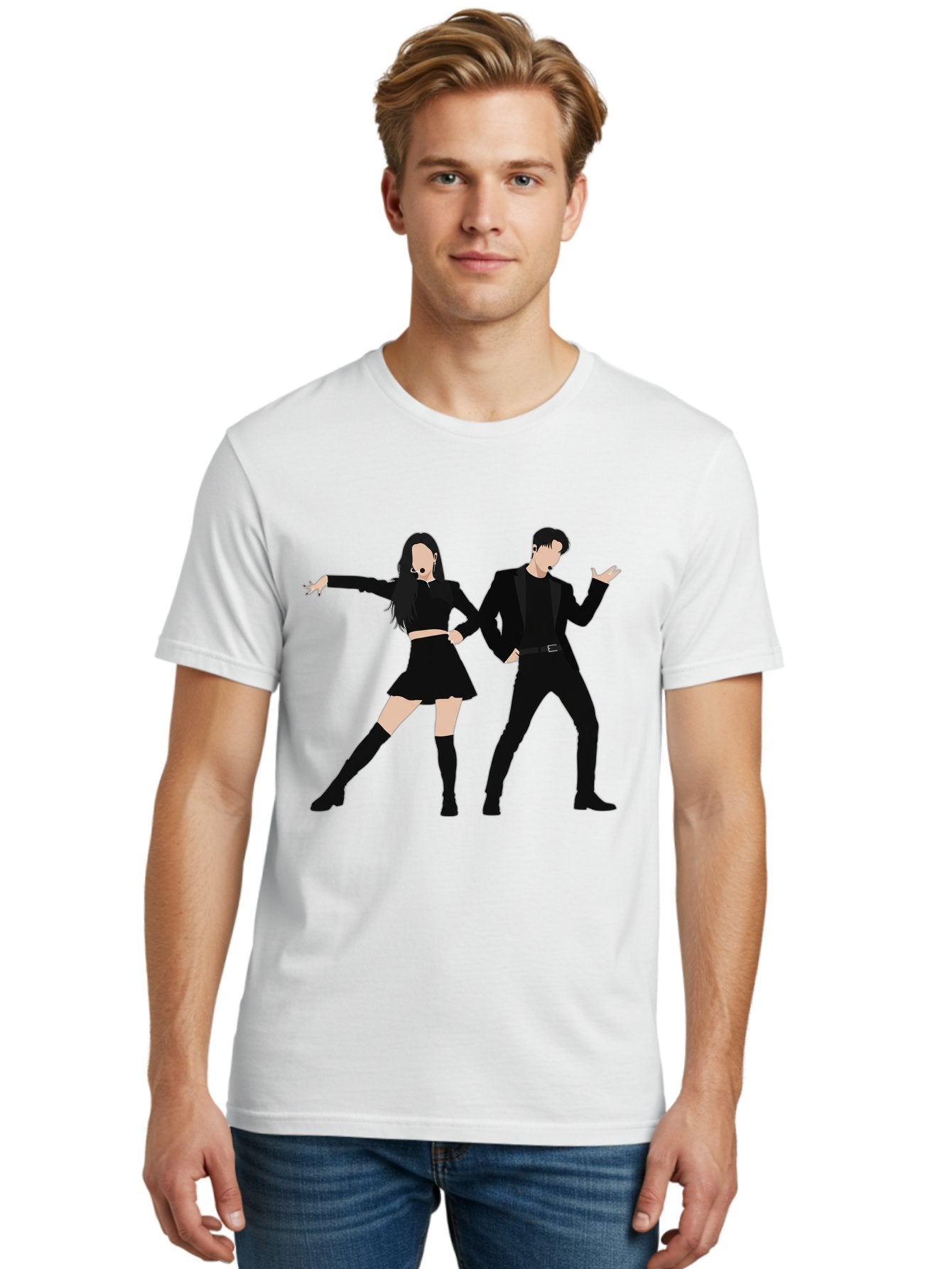 Singing-Duo Men'S Graphic Tee, 100% Cotton, Comfortable Casual Summer Wear, Machine Washable, Dancing Couple, Dynamic Pose, Black Outfit, Microphone Headsets, Lively Dance Moves, Stage Performance, Energetic Duo, Modern Dance Style, Bac405 23