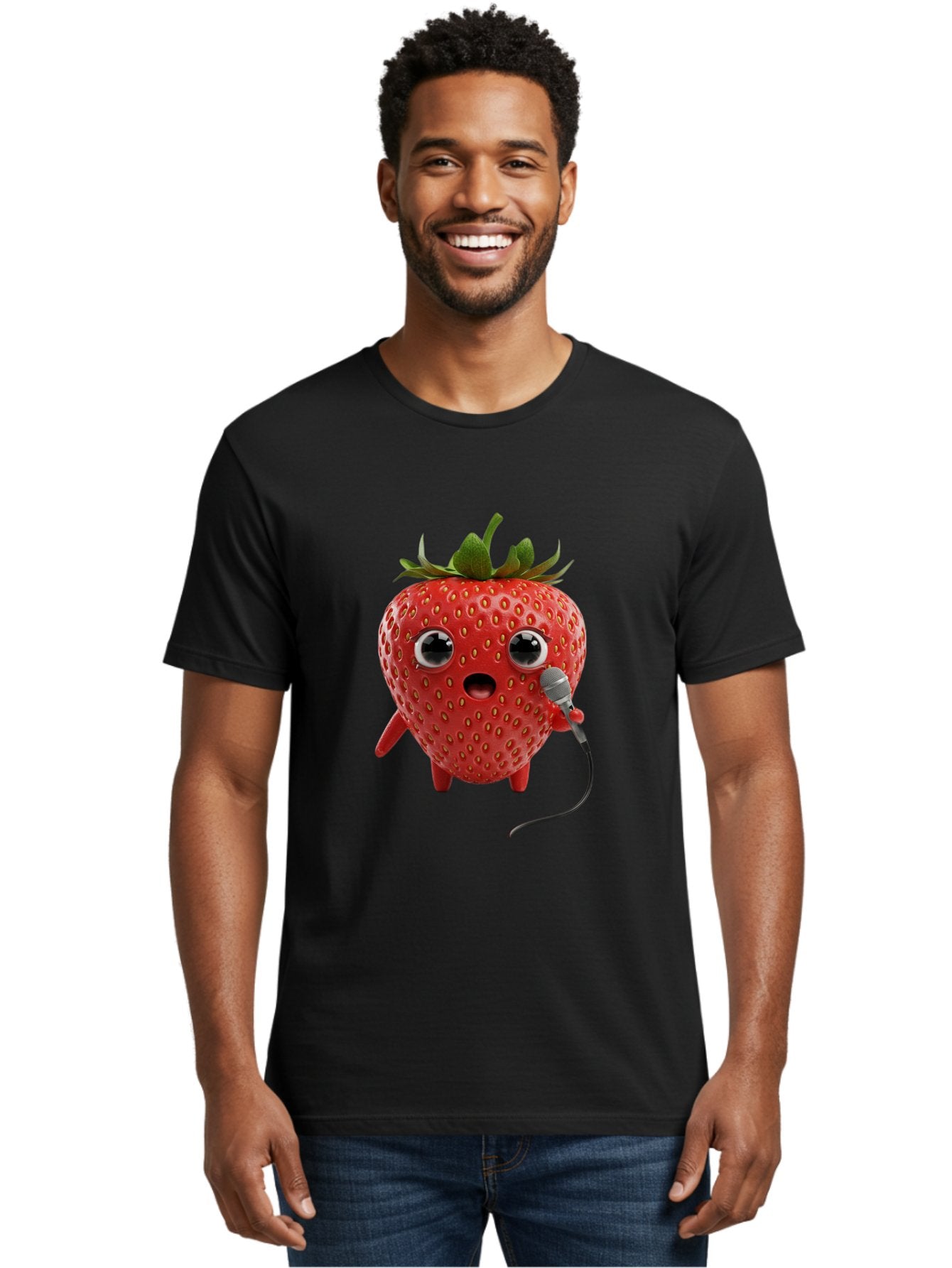 Singing-Strawberry Men'S Graphic Tee, 100% Cotton, Comfortable Casual Summer Wear, Machine Washable, Cartoon Strawberry, Anthropomorphic Fruit, Singing Strawberry, Microphone, Funny Character, Comedy, Humor, Entertaining, Animated Bac406 24