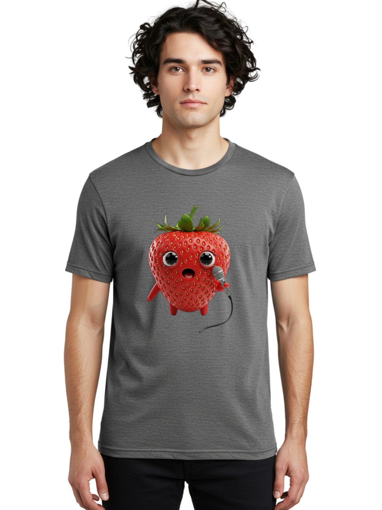Singing-Strawberry Men'S Graphic Tee, 100% Cotton, Comfortable Casual Summer Wear, Machine Washable, Cartoon Strawberry, Anthropomorphic Fruit, Singing Strawberry, Microphone, Funny Character, Comedy, Humor, Entertaining, Animated Bac406 22