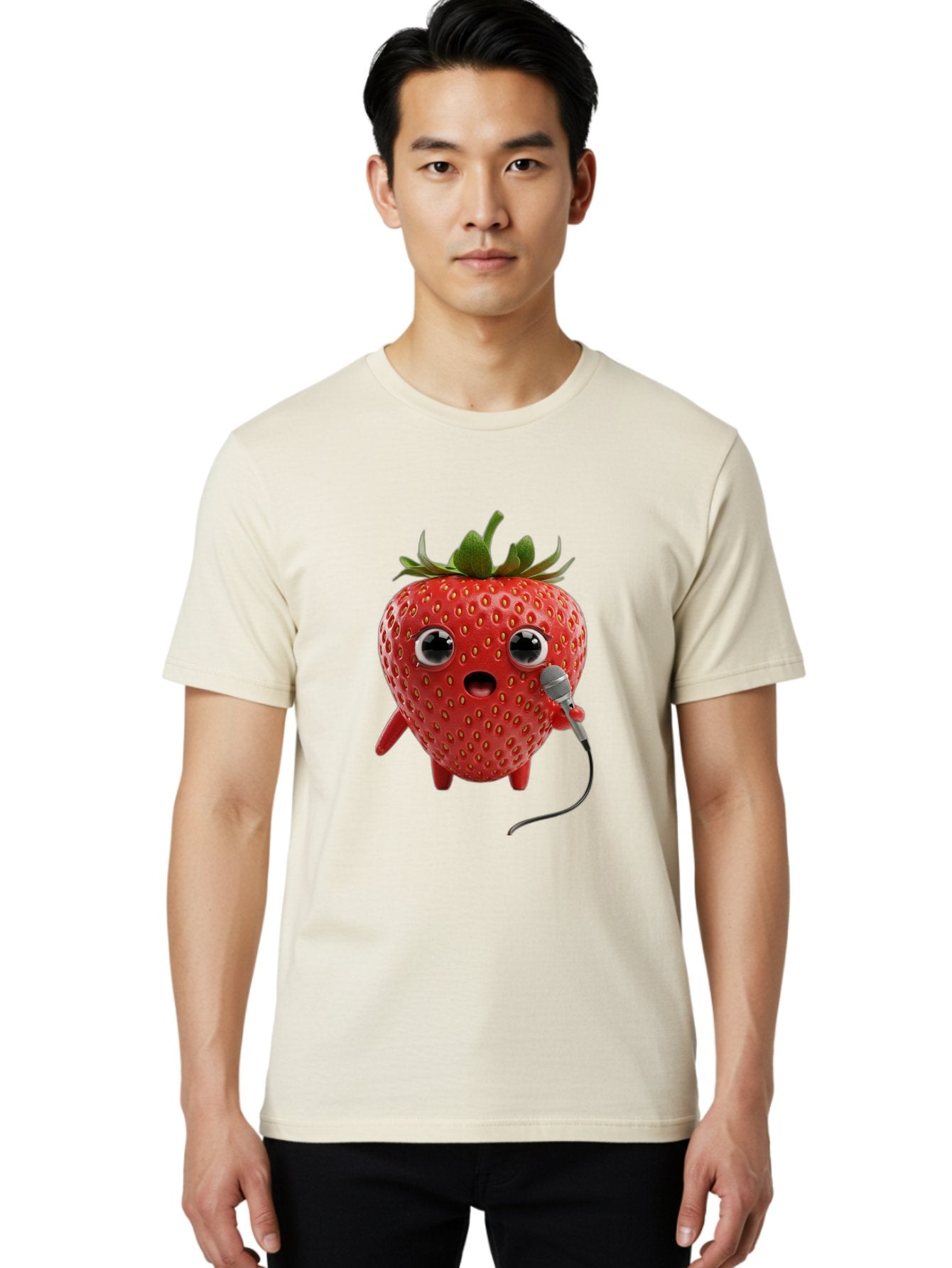 Singing-Strawberry Men'S Graphic Tee, 100% Cotton, Comfortable Casual Summer Wear, Machine Washable, Cartoon Strawberry, Anthropomorphic Fruit, Singing Strawberry, Microphone, Funny Character, Comedy, Humor, Entertaining, Animated Bac406 18