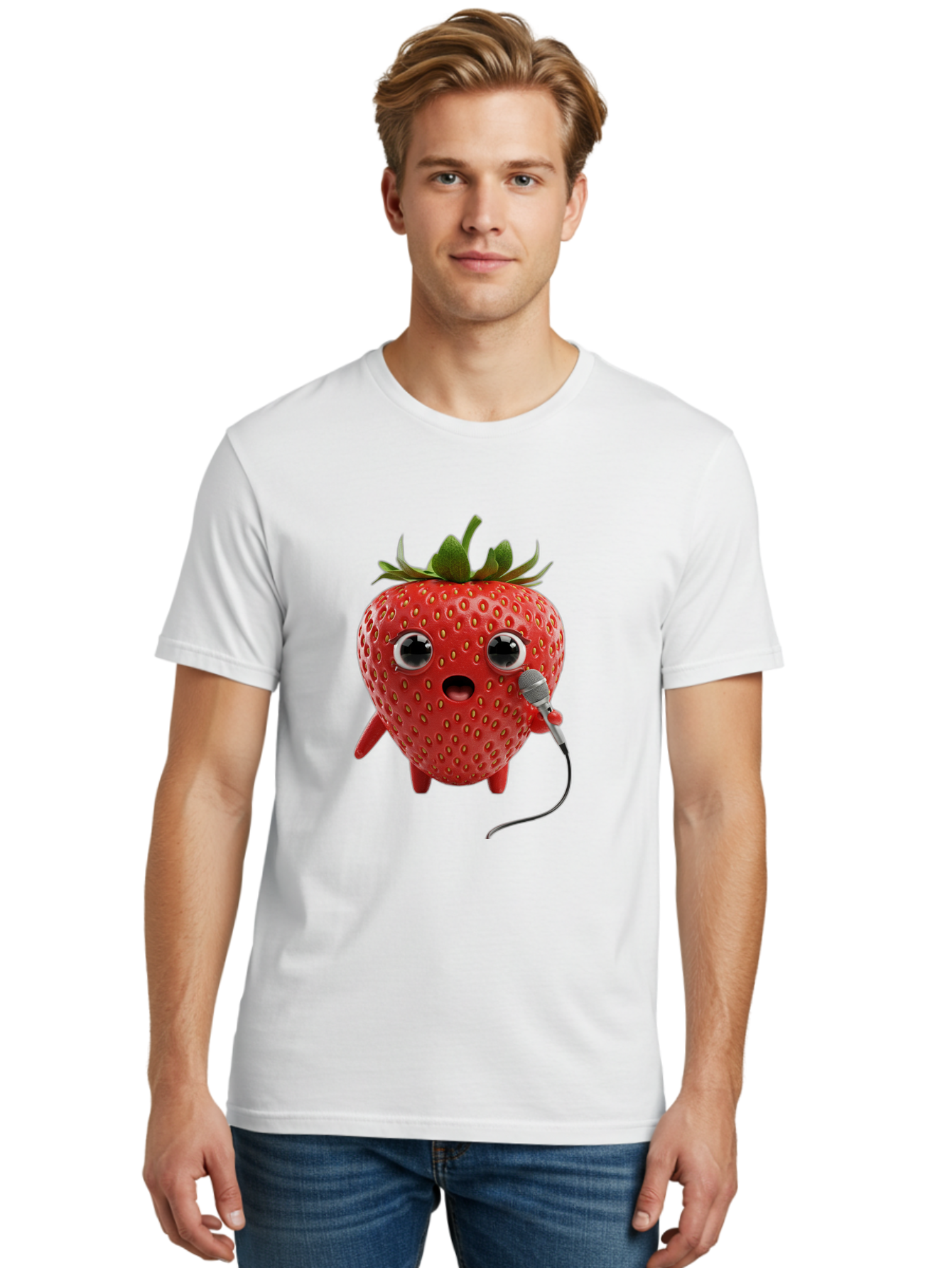 Singing-Strawberry Men'S Graphic Tee, 100% Cotton, Comfortable Casual Summer Wear, Machine Washable, Cartoon Strawberry, Anthropomorphic Fruit, Singing Strawberry, Microphone, Funny Character, Comedy, Humor, Entertaining, Animated Bac406 16