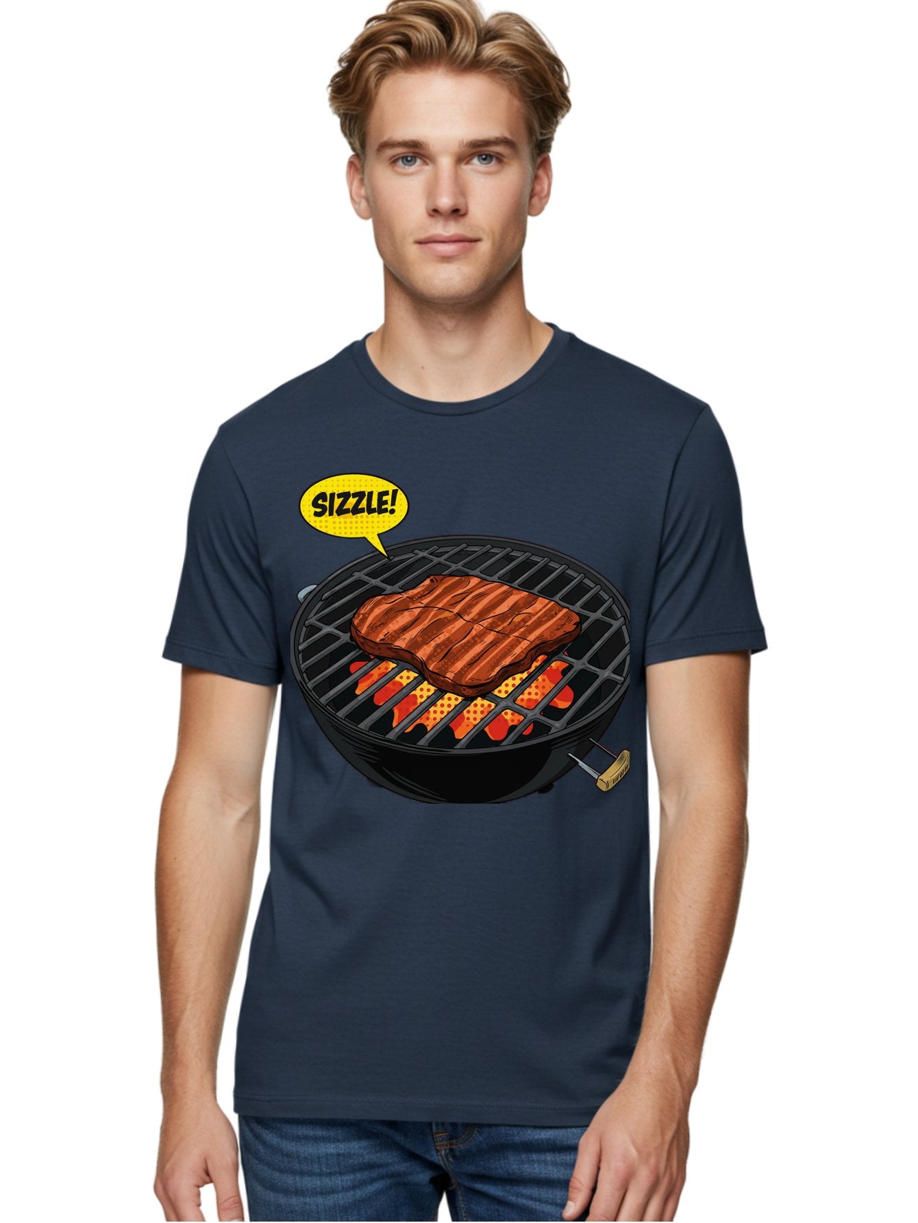 Sizzle Men'S Graphic Tee, 100% Cotton, Comfortable Casual Summer Wear, Machine Washable, Grilled Steak, Barbecue, Sizzling Meat, Grill Marks, Cooking On Grill, Bbq Flavors, Mouth-Watering Bac408 25