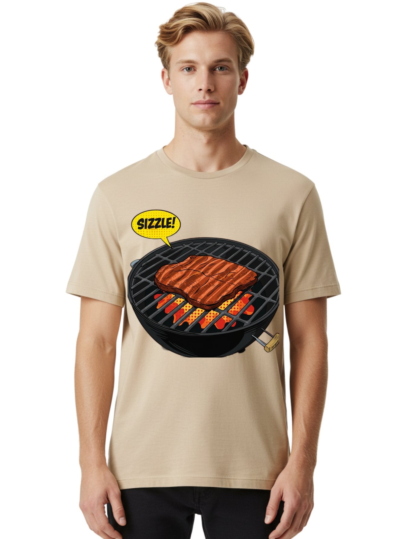 Sizzle Men'S Graphic Tee, 100% Cotton, Comfortable Casual Summer Wear, Machine Washable, Grilled Steak, Barbecue, Sizzling Meat, Grill Marks, Cooking On Grill, Bbq Flavors, Mouth-Watering Bac408 24