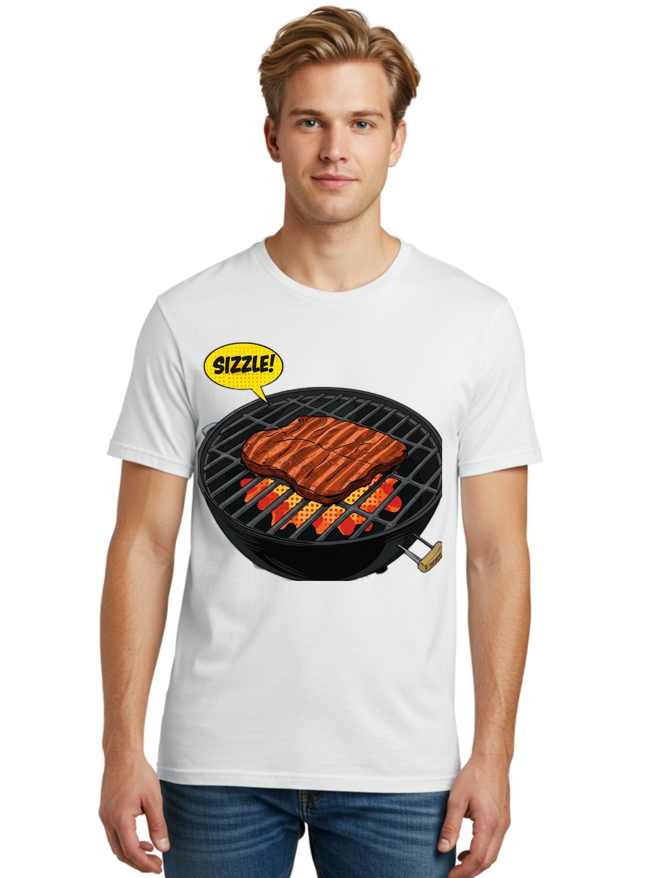 Sizzle Men'S Graphic Tee, 100% Cotton, Comfortable Casual Summer Wear, Machine Washable, Grilled Steak, Barbecue, Sizzling Meat, Grill Marks, Cooking On Grill, Bbq Flavors, Mouth-Watering Bac408 27