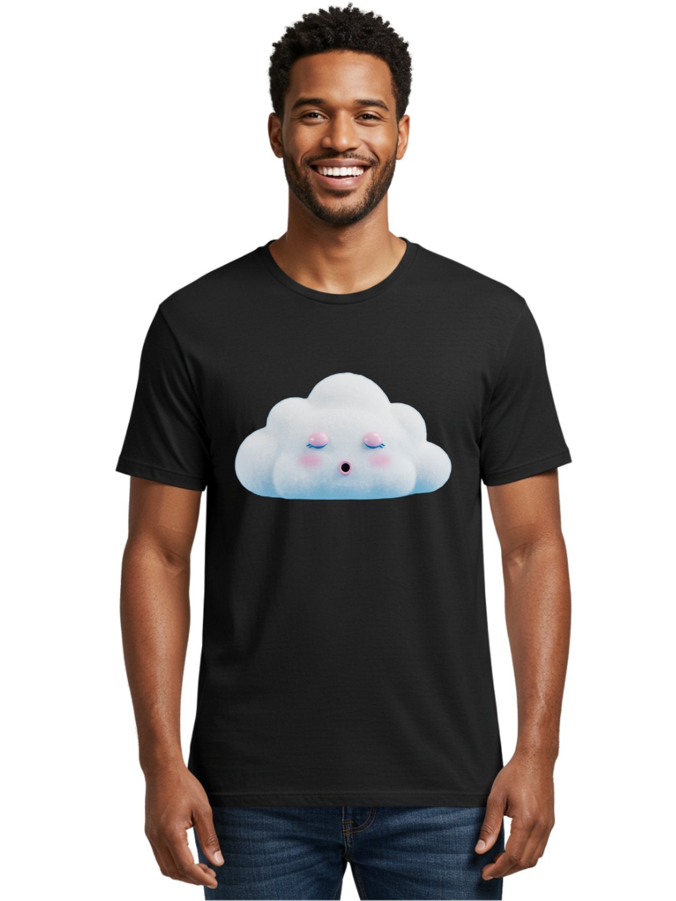Sleeping-Cloud Men'S Graphic Tee, 100% Cotton, Comfortable Casual Summer Wear, Machine Washable, Cute Cloud, Fluffy White Cloud, Sleeping Face, Pastel Colors, Kawaii Design, Cloud Character, Soft Pink Cheeks, Closed Eyes, Serene Atmosphere, Bac410 25
