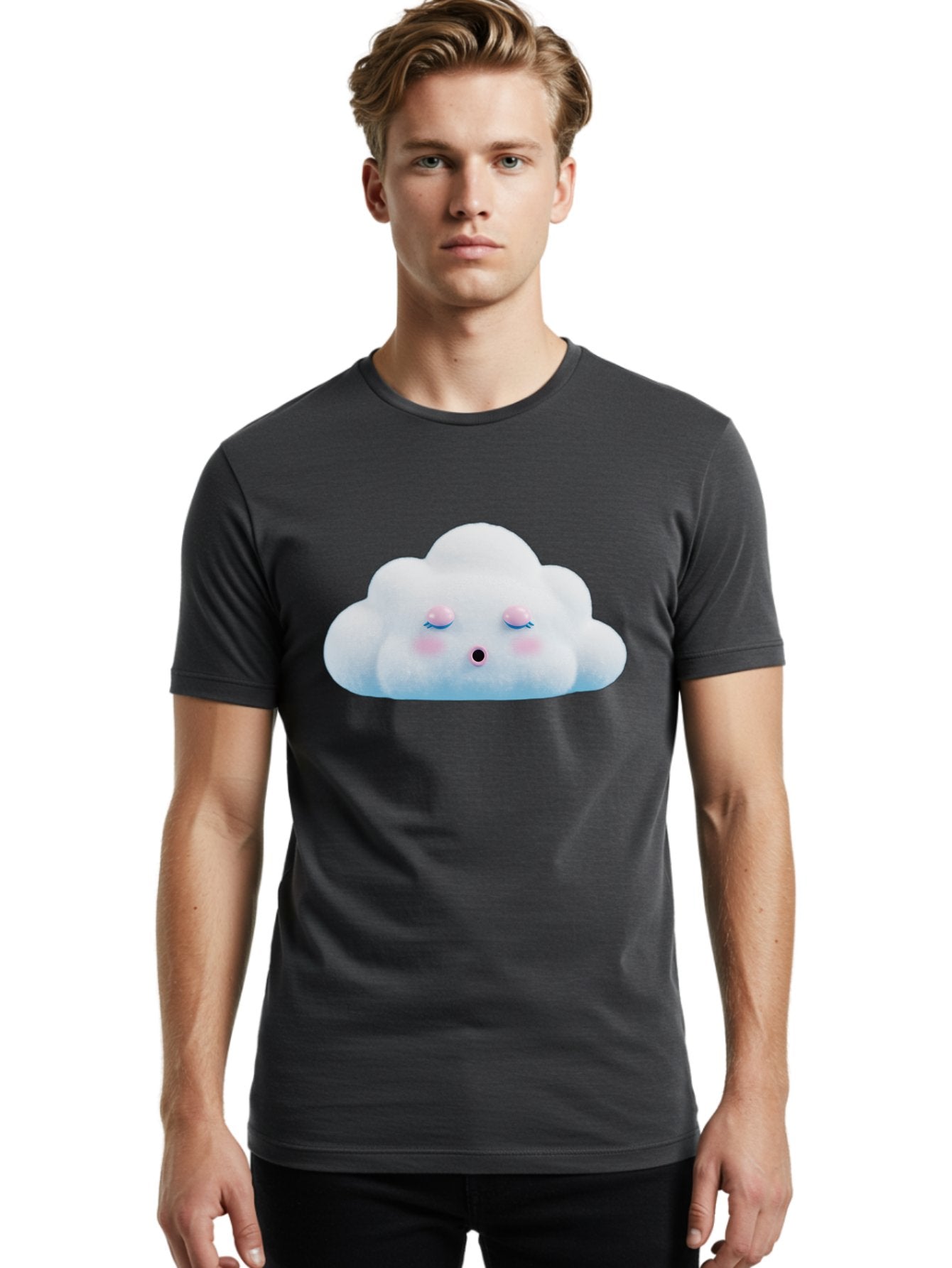 Sleeping-Cloud Men'S Graphic Tee, 100% Cotton, Comfortable Casual Summer Wear, Machine Washable, Cute Cloud, Fluffy White Cloud, Sleeping Face, Pastel Colors, Kawaii Design, Cloud Character, Soft Pink Cheeks, Closed Eyes, Serene Atmosphere, Bac410 28