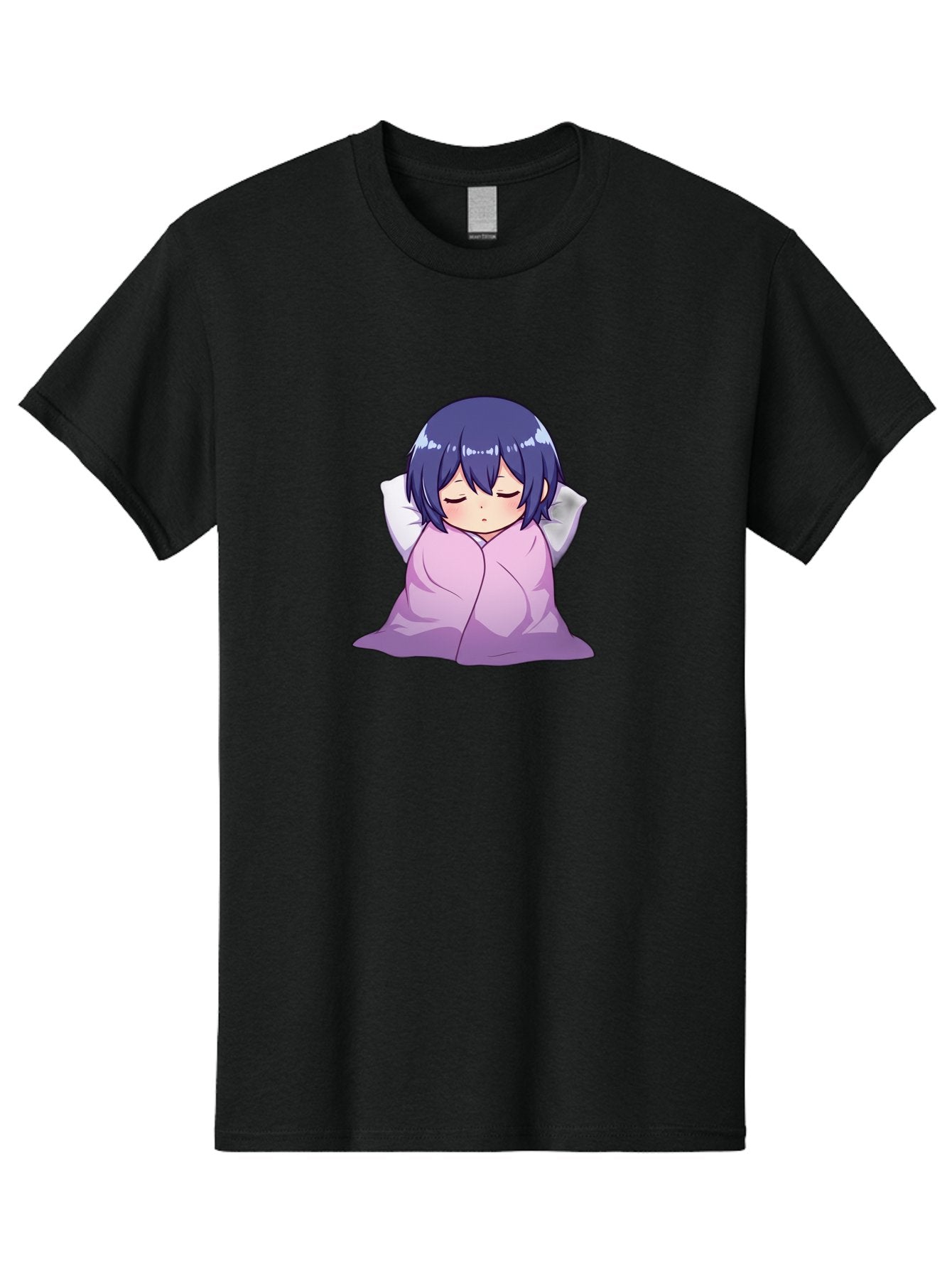 Sleeping-Girl Men'S Graphic Tee, 100% Cotton, Comfortable Casual Summer Wear, Machine Washable, Anime Girl Sleeping, Peaceful, Purple Hair, Wrapped In Blanket, Restful Sleep, Cozy Atmosphere, Kawaii Art, Cartoon Character Bac411