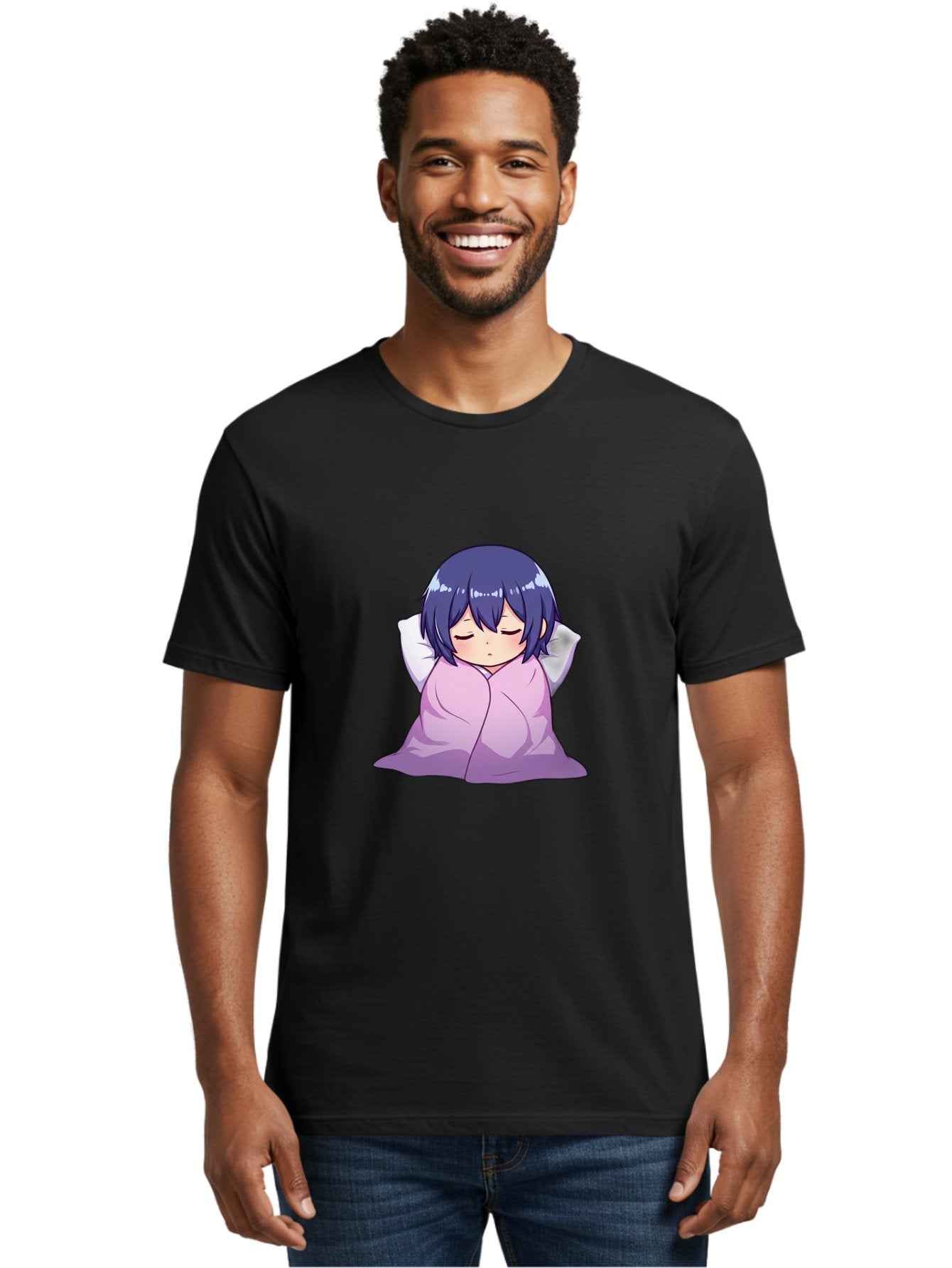 Sleeping-Girl Men'S Graphic Tee, 100% Cotton, Comfortable Casual Summer Wear, Machine Washable, Anime Girl Sleeping, Peaceful, Purple Hair, Wrapped In Blanket, Restful Sleep, Cozy Atmosphere, Kawaii Art, Cartoon Character Bac411 19