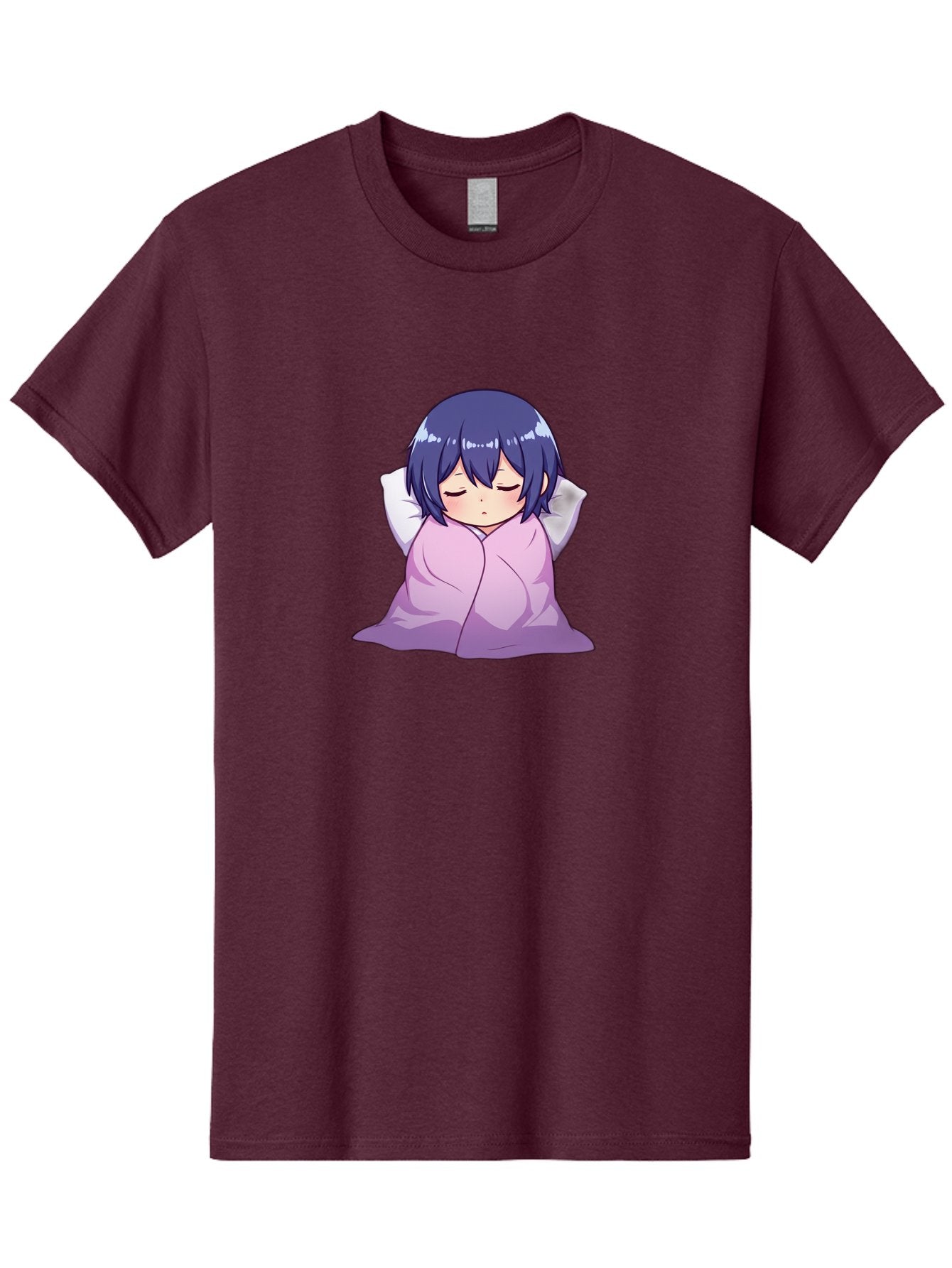 Sleeping-Girl Men'S Graphic Tee, 100% Cotton, Comfortable Casual Summer Wear, Machine Washable, Anime Girl Sleeping, Peaceful, Purple Hair, Wrapped In Blanket, Restful Sleep, Cozy Atmosphere, Kawaii Art, Cartoon Character Bac411 9