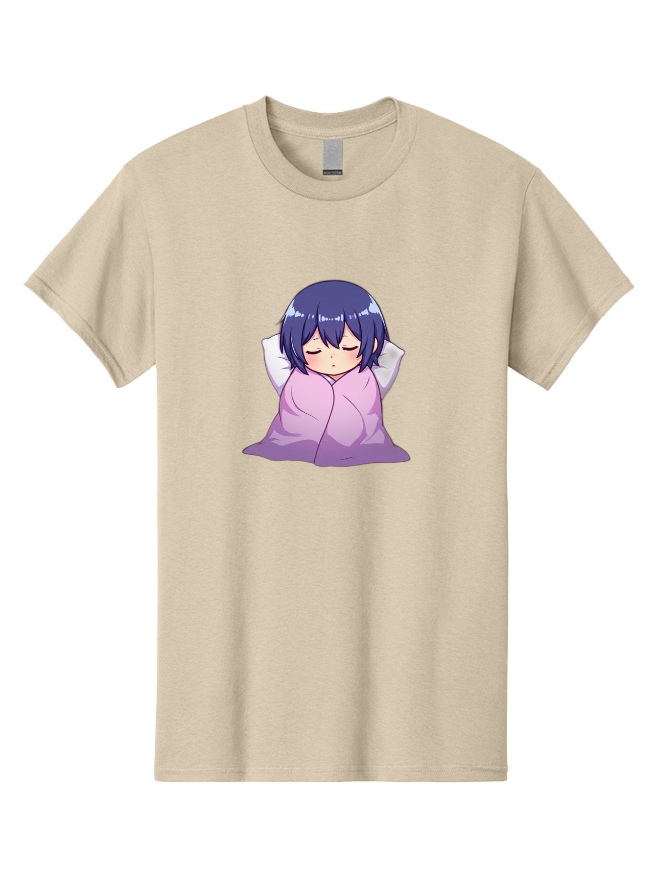 Sleeping-Girl Men'S Graphic Tee, 100% Cotton, Comfortable Casual Summer Wear, Machine Washable, Anime Girl Sleeping, Peaceful, Purple Hair, Wrapped In Blanket, Restful Sleep, Cozy Atmosphere, Kawaii Art, Cartoon Character Bac411 12