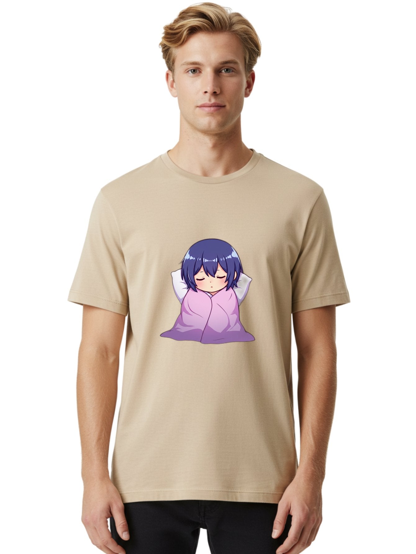 Sleeping-Girl Men'S Graphic Tee, 100% Cotton, Comfortable Casual Summer Wear, Machine Washable, Anime Girl Sleeping, Peaceful, Purple Hair, Wrapped In Blanket, Restful Sleep, Cozy Atmosphere, Kawaii Art, Cartoon Character Bac411 28