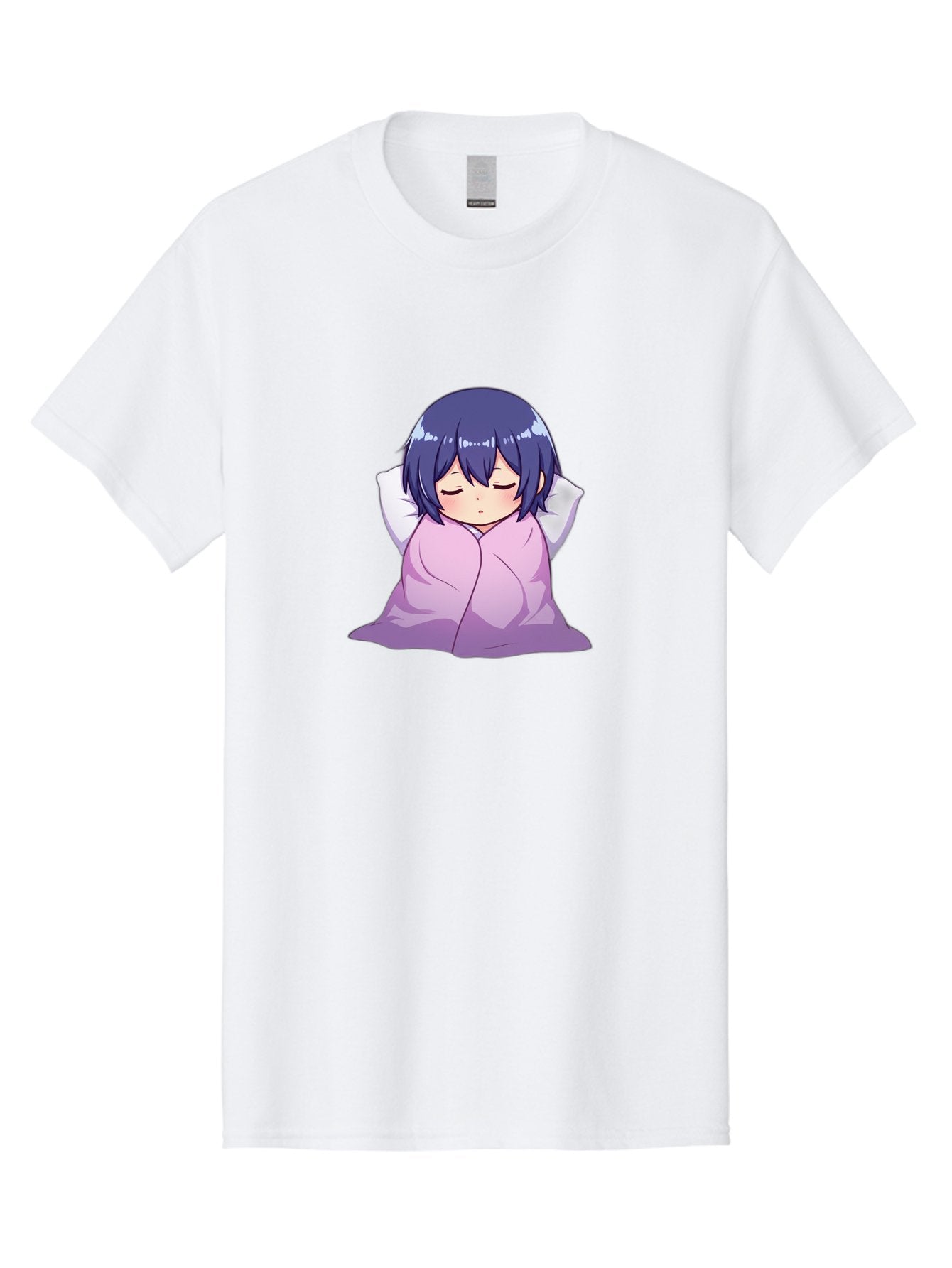 Sleeping-Girl Men'S Graphic Tee, 100% Cotton, Comfortable Casual Summer Wear, Machine Washable, Anime Girl Sleeping, Peaceful, Purple Hair, Wrapped In Blanket, Restful Sleep, Cozy Atmosphere, Kawaii Art, Cartoon Character Bac411 5