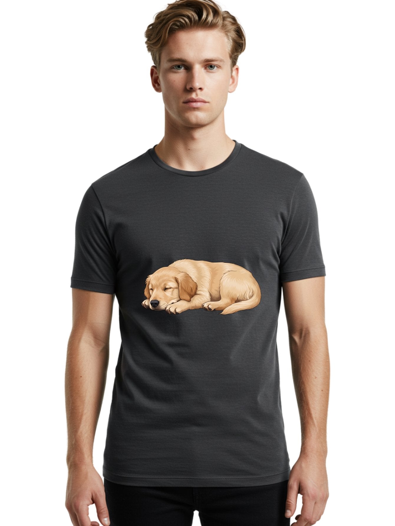 Sleeping-Golden-Retriever-2 Men'S Graphic Tee, 100% Cotton, Comfortable Casual Summer Wear, Machine Washable, Golden Retriever Puppy, Sleeping Dog, Adorable Pet, Cartoon Illustration, Cute Animal, Peaceful Sleep, Relaxed Puppy, Furry Friend, Bac413 29