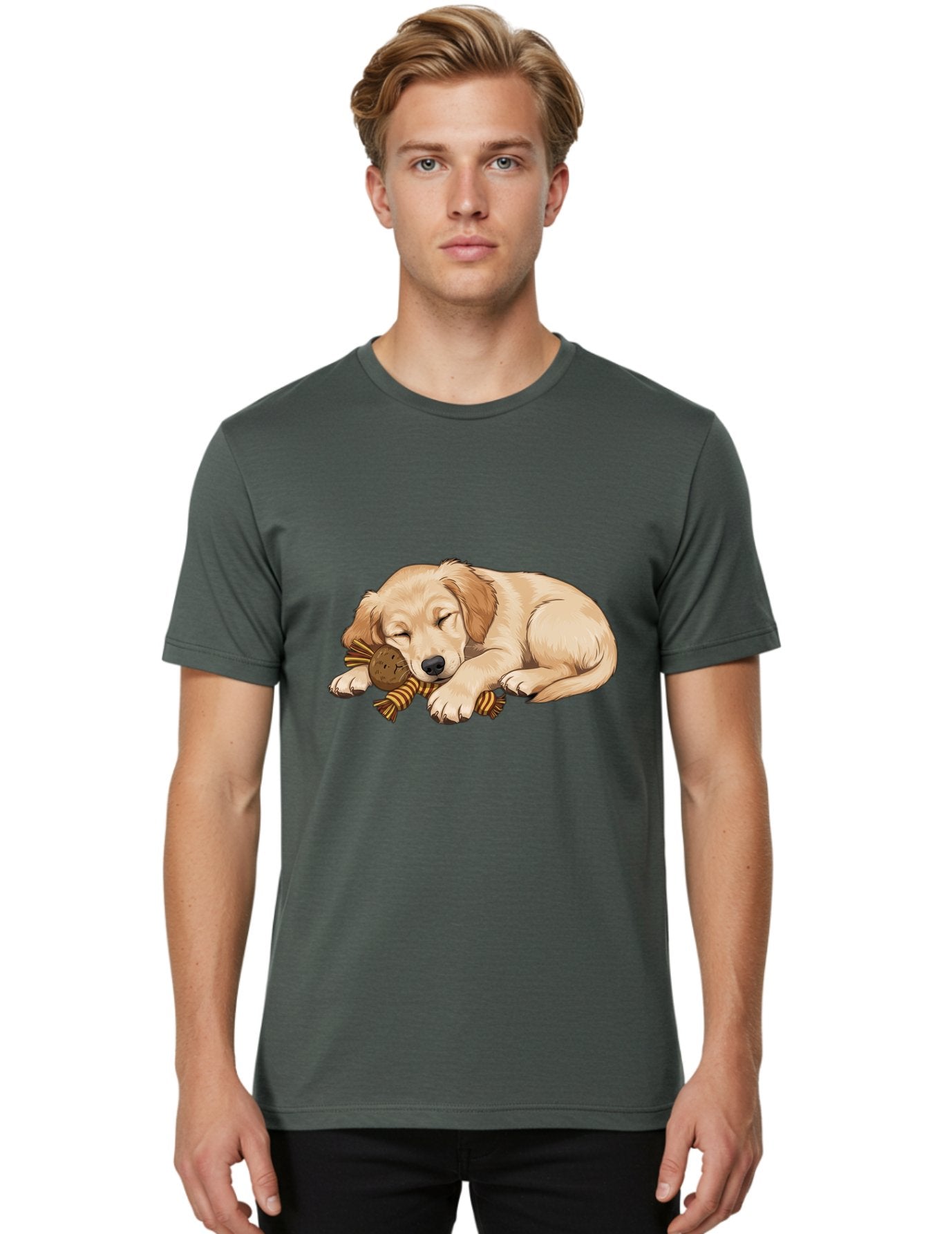 Sleeping-Golden-Retriever-Puppy Men'S Graphic Tee, 100% Cotton, Comfortable Casual Summer Wear, Machine Washable, Puppy Sleeping, Cute Dog, Adorable Puppy, Sleeping Dog, Dog Toy, Favorite Toy, Cartoon Dog, Golden Retriever Puppy, Furry Friend, Bac415 22