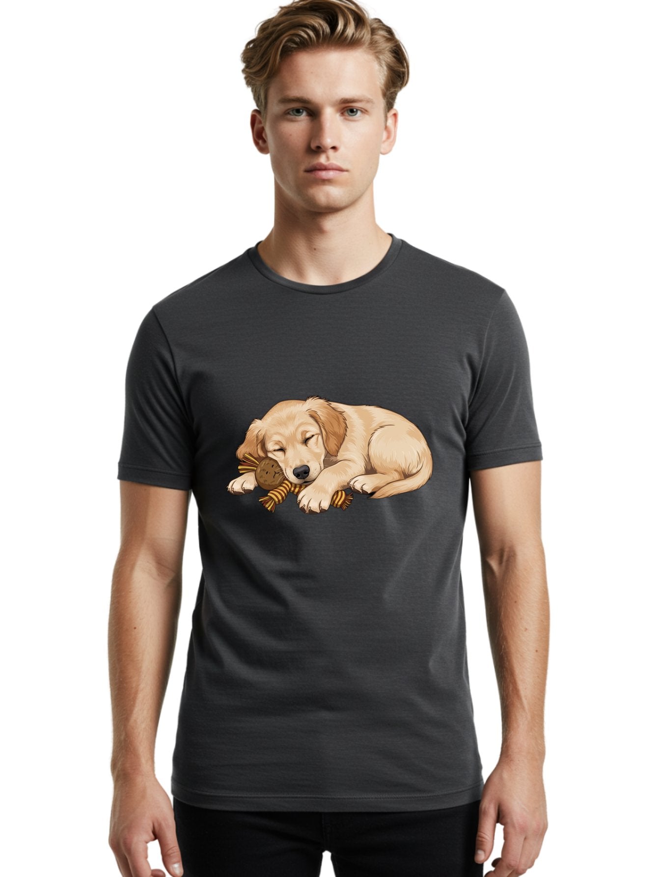Sleeping-Golden-Retriever-Puppy Men'S Graphic Tee, 100% Cotton, Comfortable Casual Summer Wear, Machine Washable, Puppy Sleeping, Cute Dog, Adorable Puppy, Sleeping Dog, Dog Toy, Favorite Toy, Cartoon Dog, Golden Retriever Puppy, Furry Friend, Bac415 27