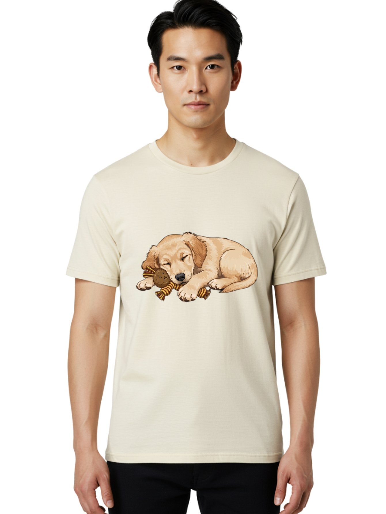 Sleeping-Golden-Retriever-Puppy Men'S Graphic Tee, 100% Cotton, Comfortable Casual Summer Wear, Machine Washable, Puppy Sleeping, Cute Dog, Adorable Puppy, Sleeping Dog, Dog Toy, Favorite Toy, Cartoon Dog, Golden Retriever Puppy, Furry Friend, Bac415 23