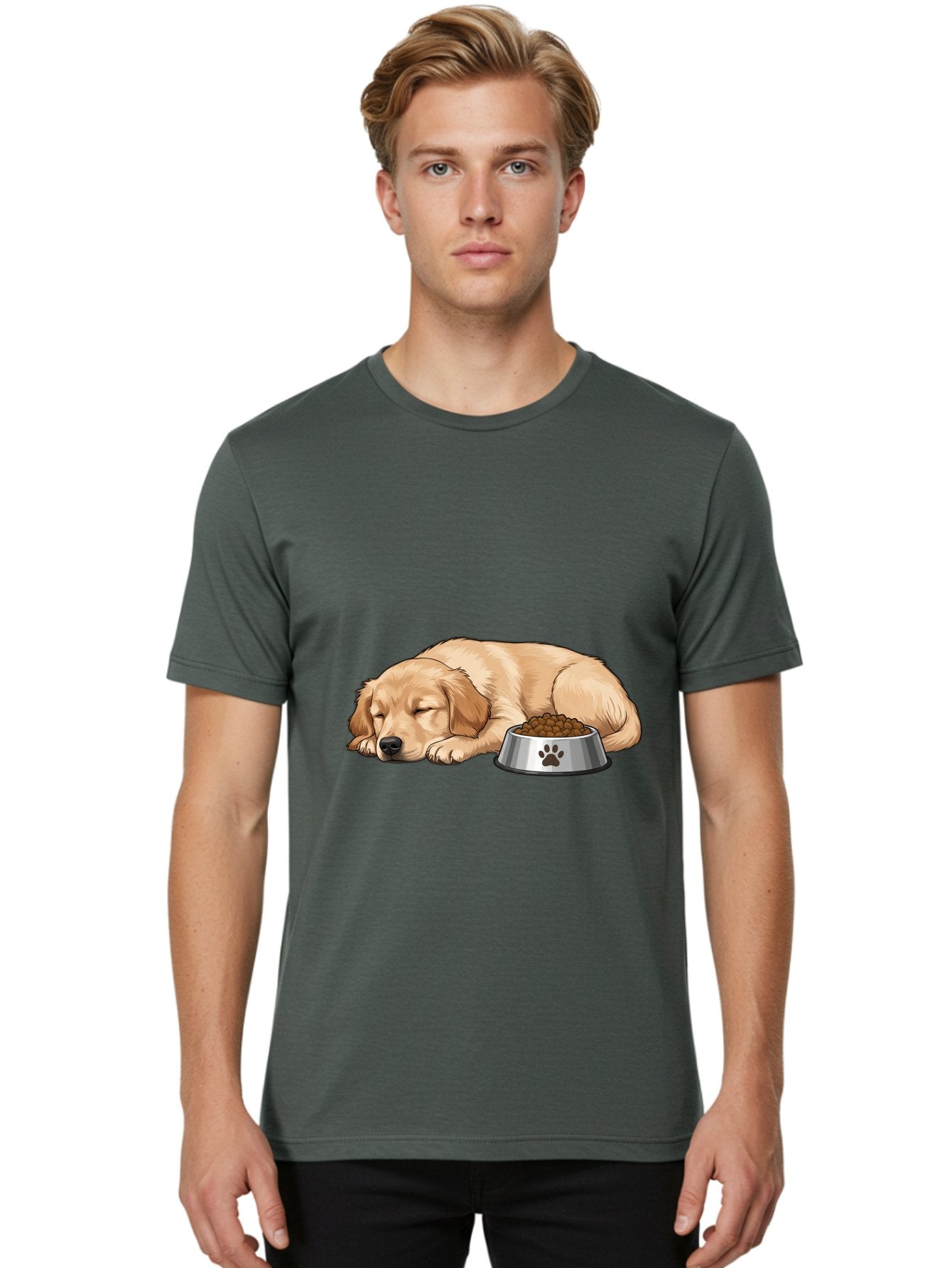 Sleeping-Golden-Retriever Men'S Graphic Tee, 100% Cotton, Comfortable Casual Summer Wear, Machine Washable, Sleeping Golden Retriever, Dog Bowl With Kibble, Paw Print On Bowl, Cute Animal Illustration, Pet Care, Dog'S Meal Time, Bac416 29